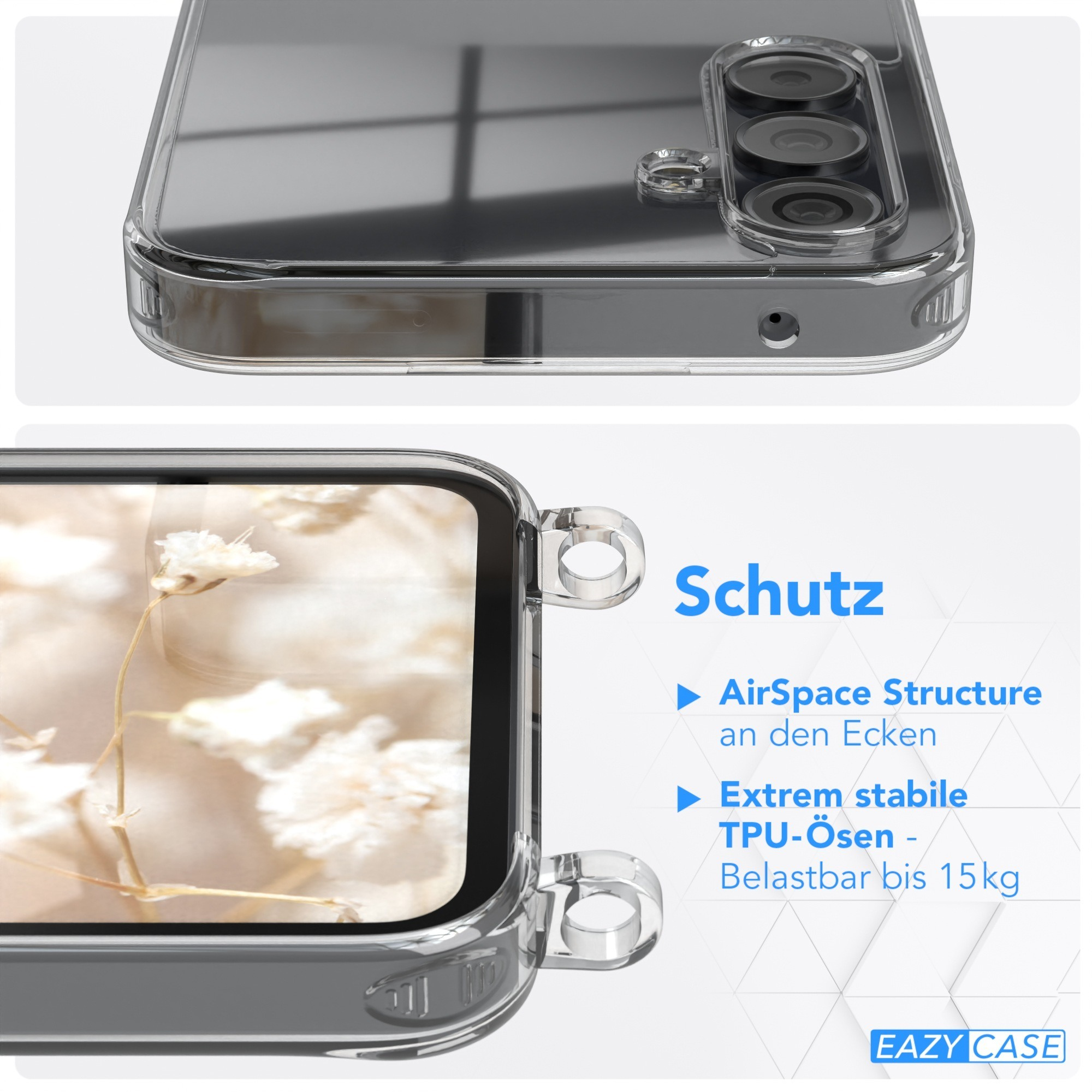 Nahaufnahme einer transparenten Handyhülle. Text: Schutz, AirSpace Structure, Extrem stabile TPU-Ösen, Belastbar bis 15 kg.
