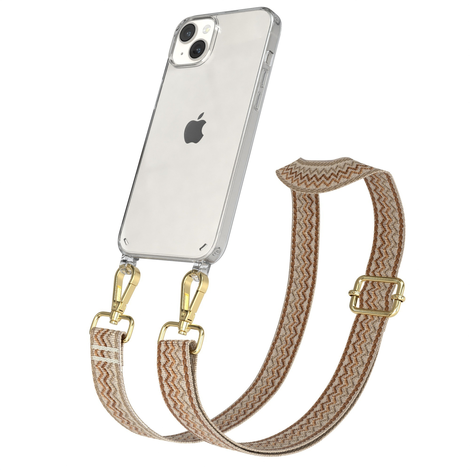 Telefon in klarer Hülle mit gemustertem Riemen. Goldene Clips, beige/brauner Riemen mit Metallschnalle.