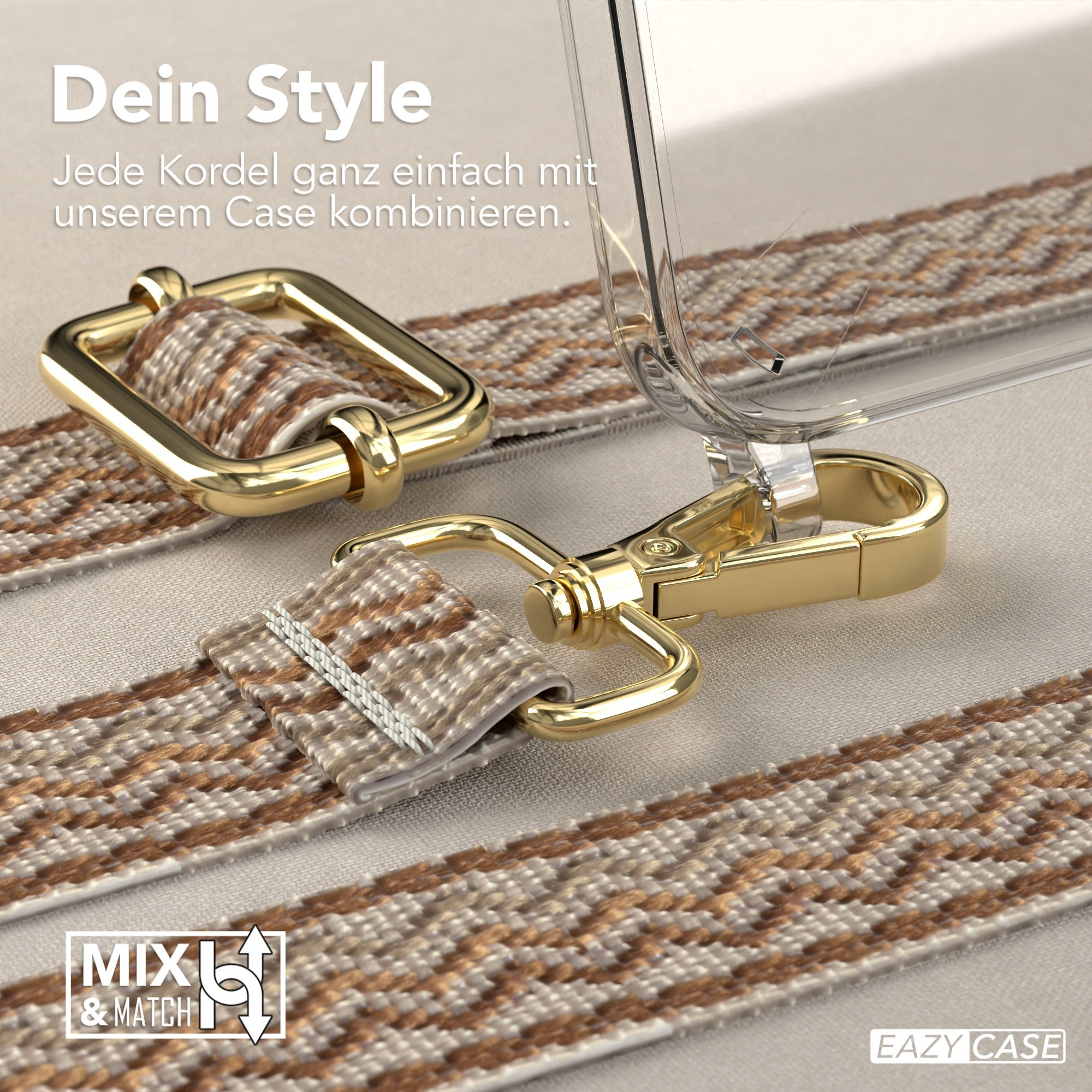 Nahaufnahme eines Telefonhüllenriemens mit goldener Schnalle und Verschlüssen. Beige-brauner Riemen.