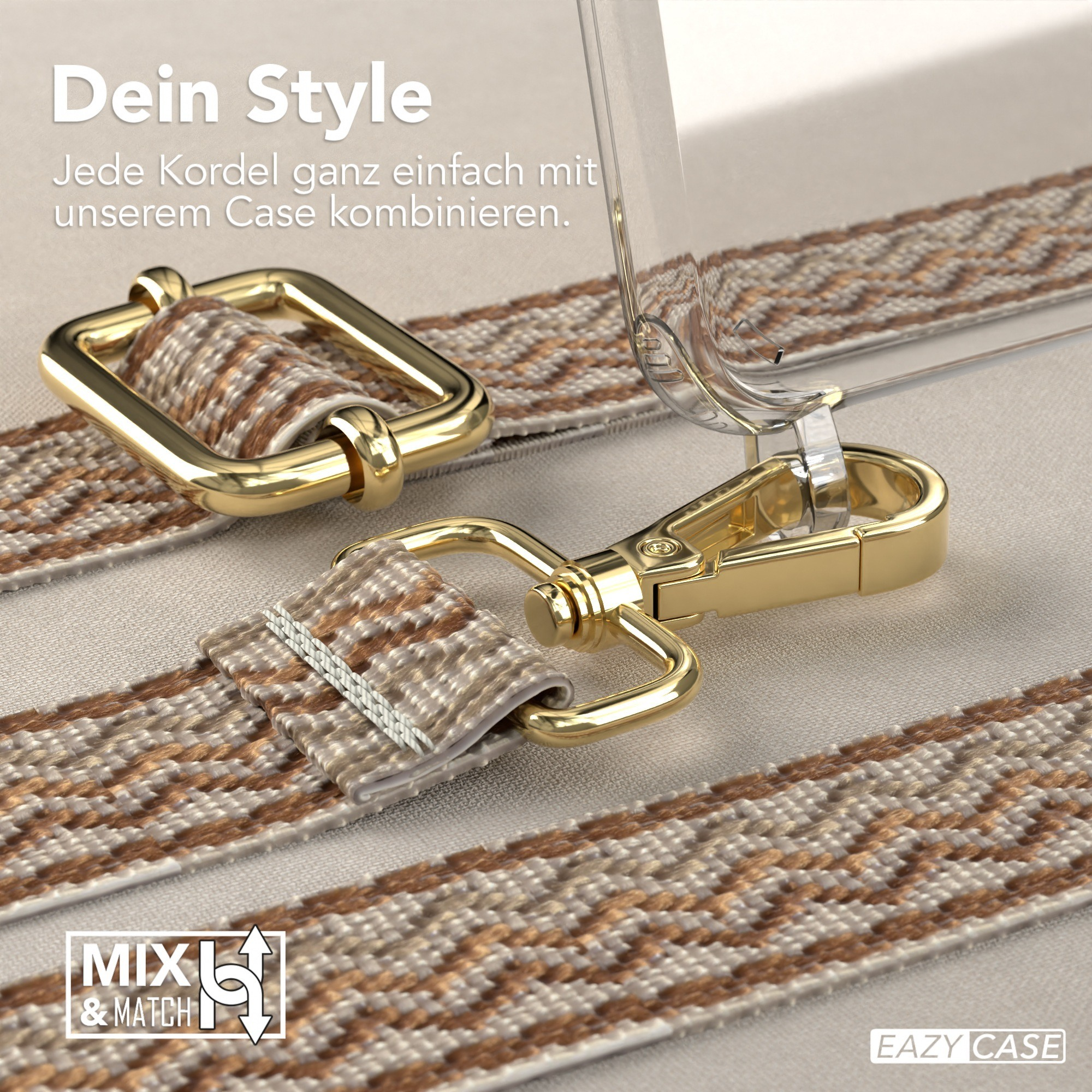 Nahaufnahme eines Handyhüllenriemens mit Goldverschluss und braunem Muster.