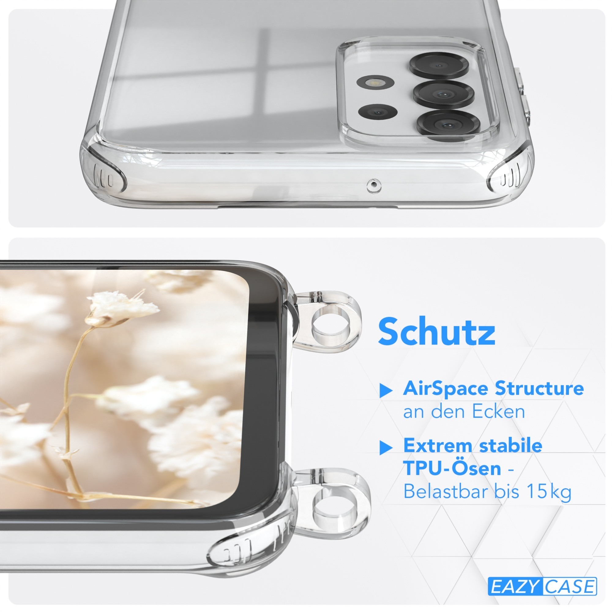 Transparente Handyhülle mit weißer Blume, von oben und der Seite gesehen. Text: Schutz, AirSpace Structure.