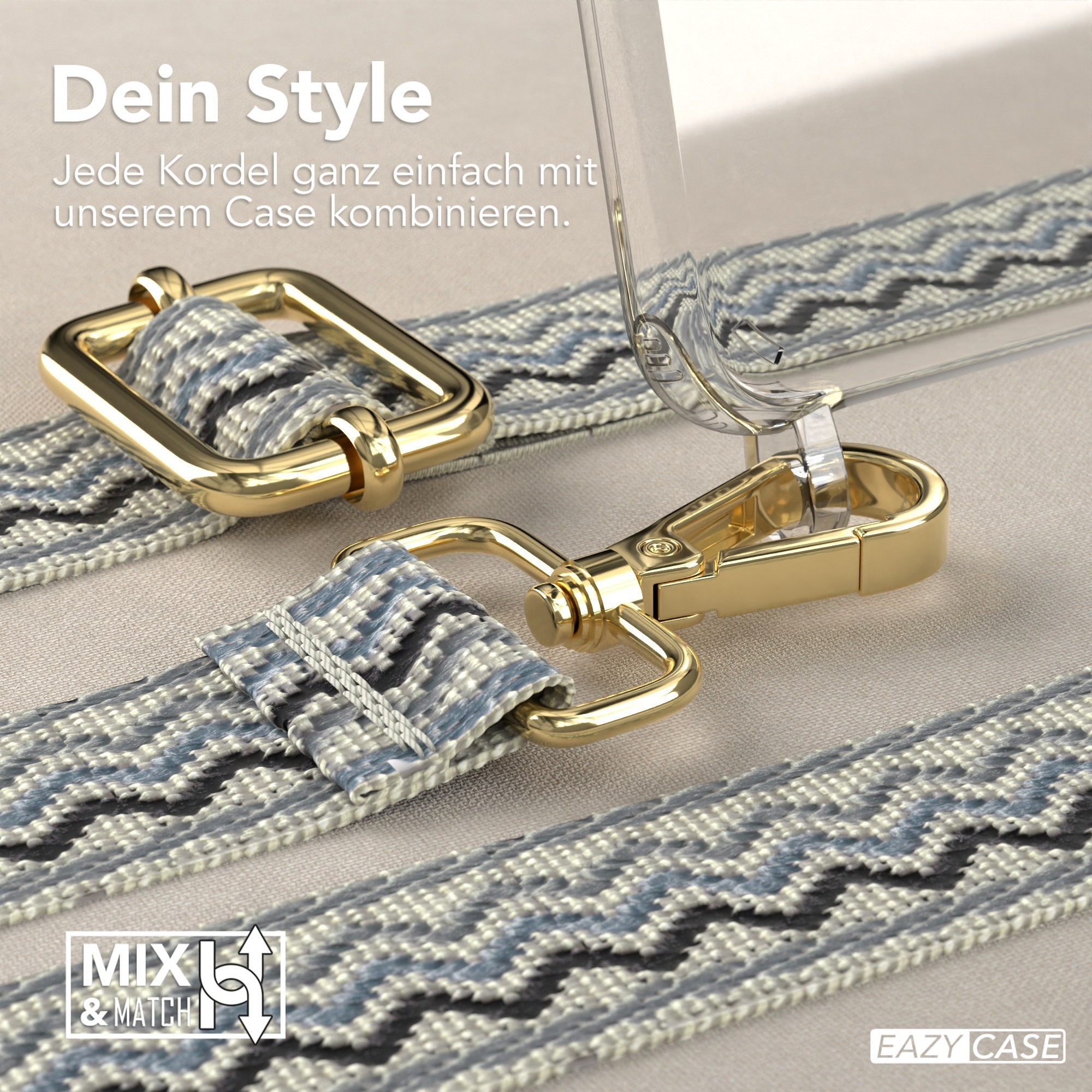 Nahaufnahme der Handyhülle mit goldenem Verschluss und Riemendetails.