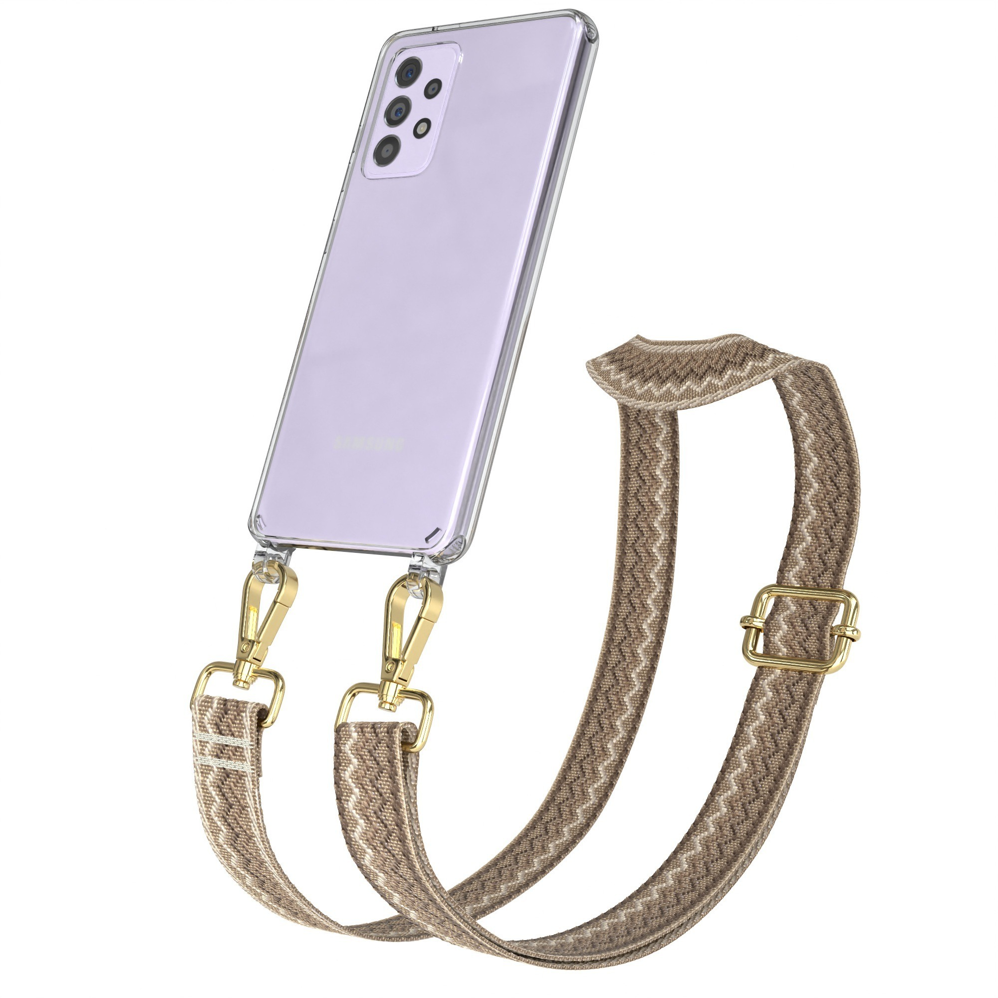 Telefon mit klarer Hülle und braunem Riemen, goldenen Clips und Schnalle. Weißer Hintergrund.