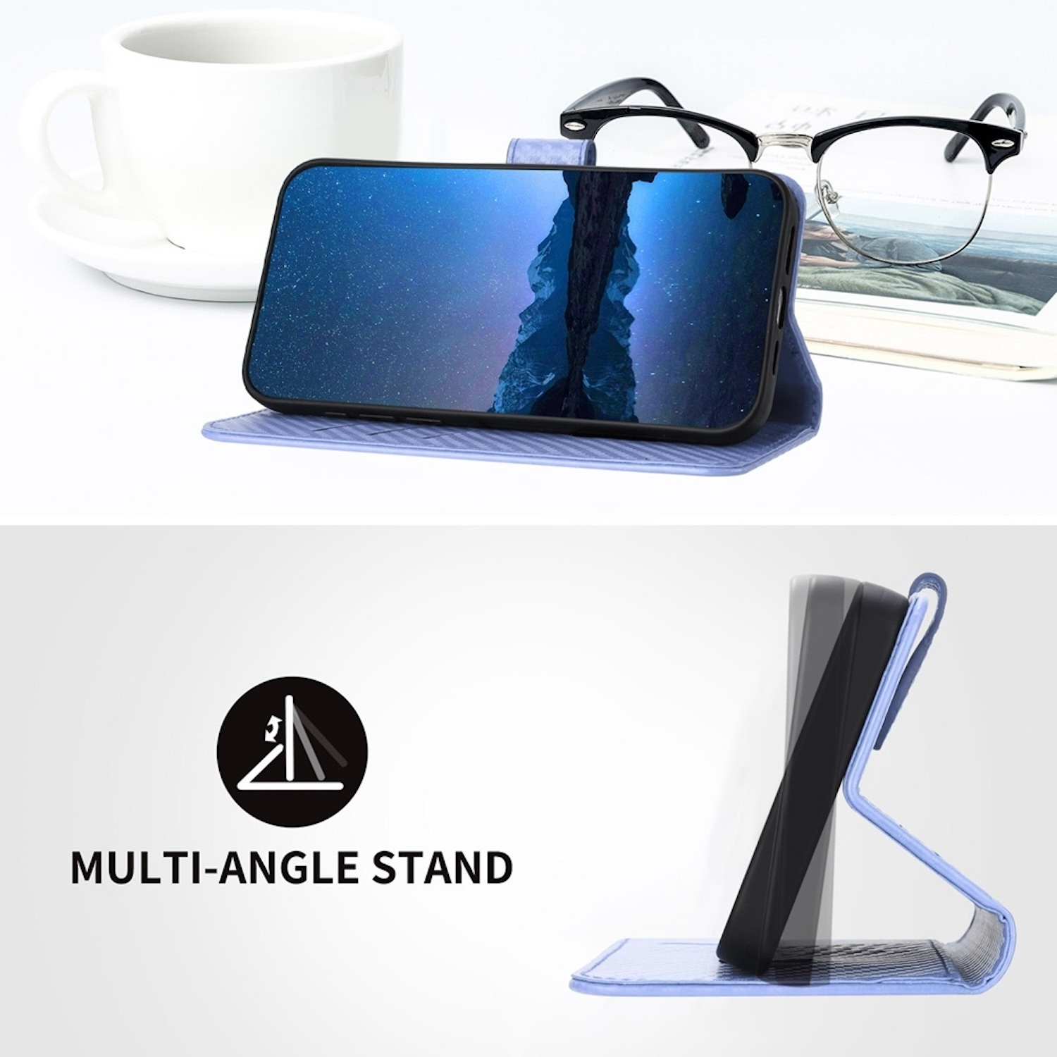 Ein Telefon in einer blauen Hülle steht auf. Brille, Kaffeetasse und Zeitschrift sind sichtbar.