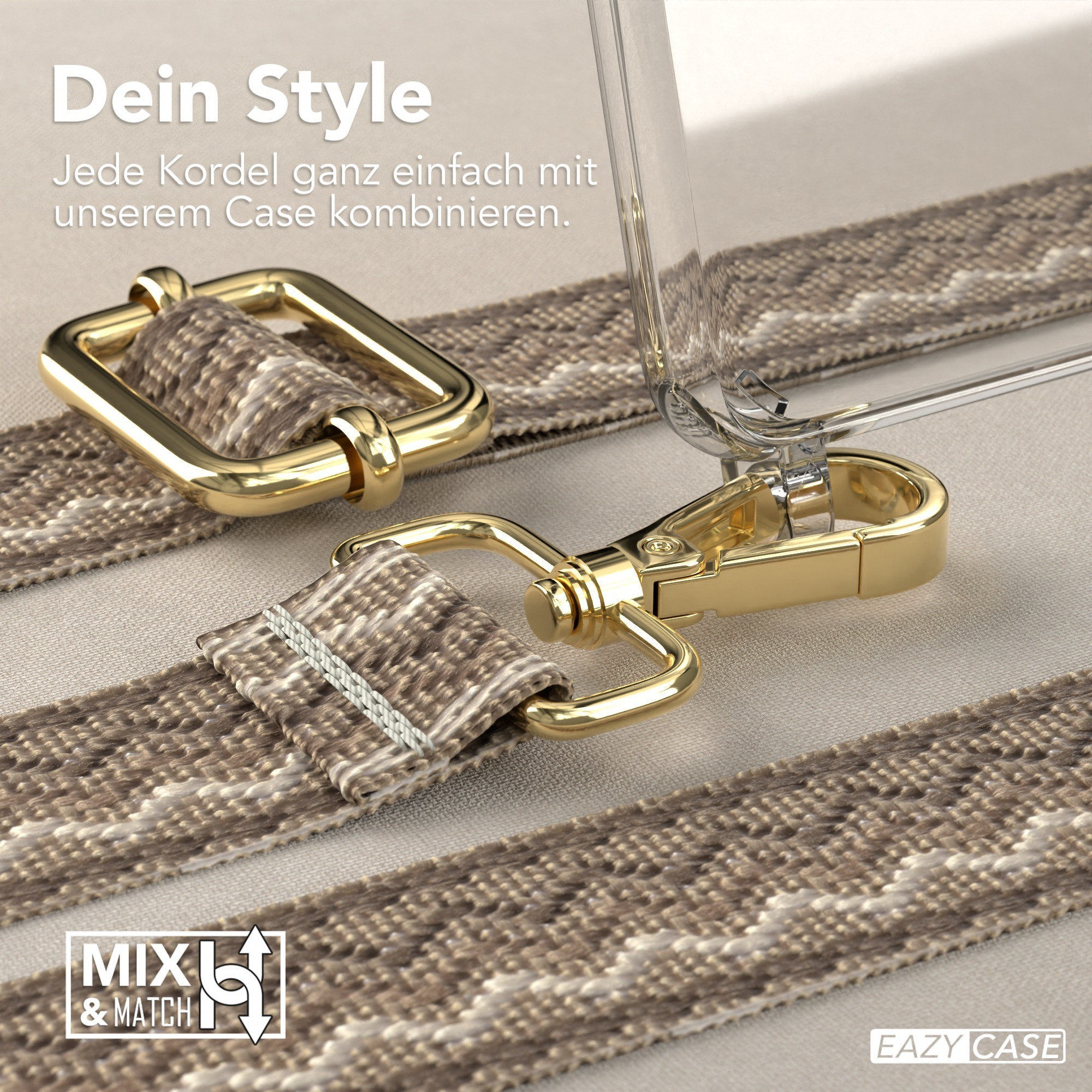 Braunes und beiges gewebtes Handyband mit goldener Hardware, transparente Hülle, Logo.
