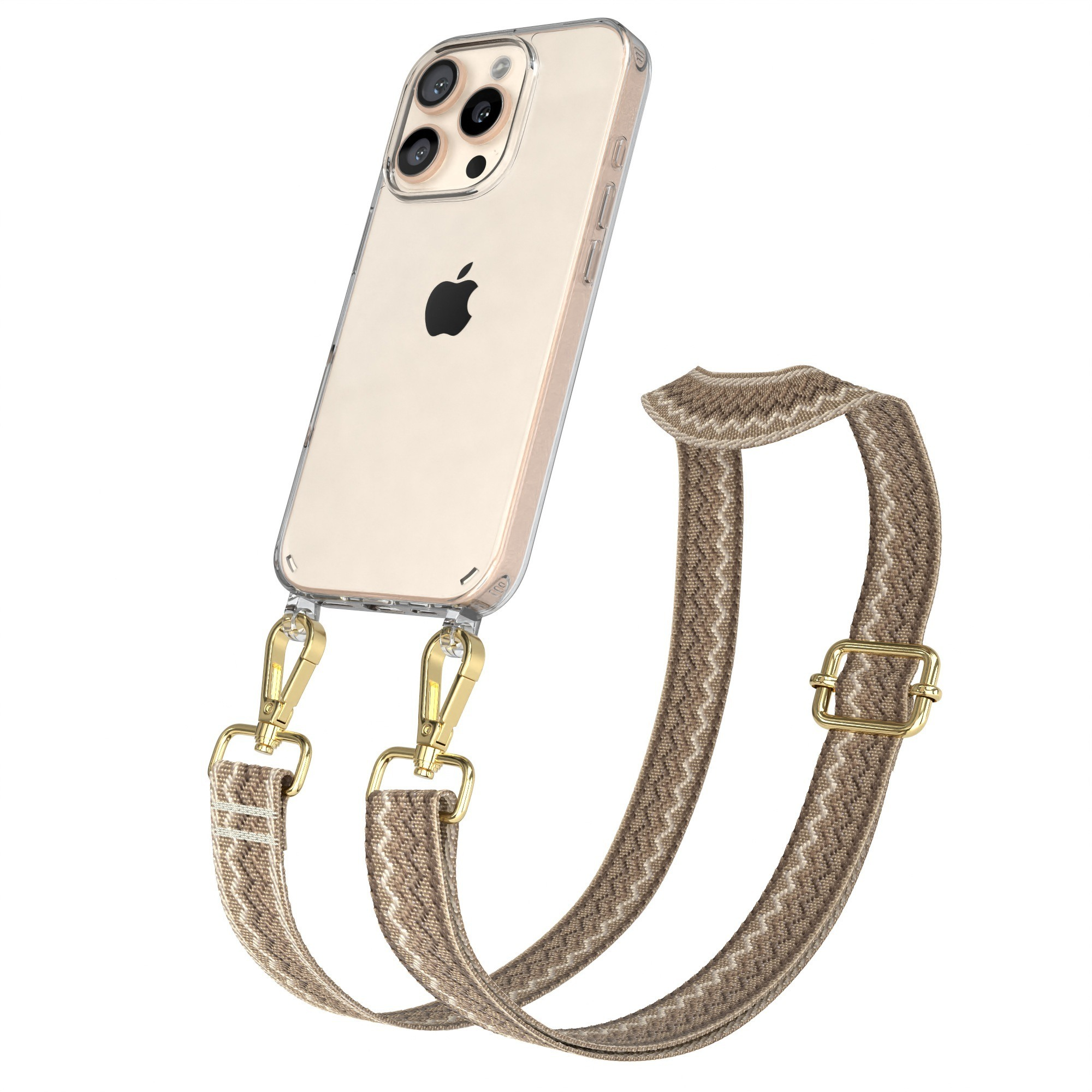 Transparente Handyhülle mit Telefon und beigefarbenem, gemustertem Trageriemen mit goldfarbenen Verschlüssen.