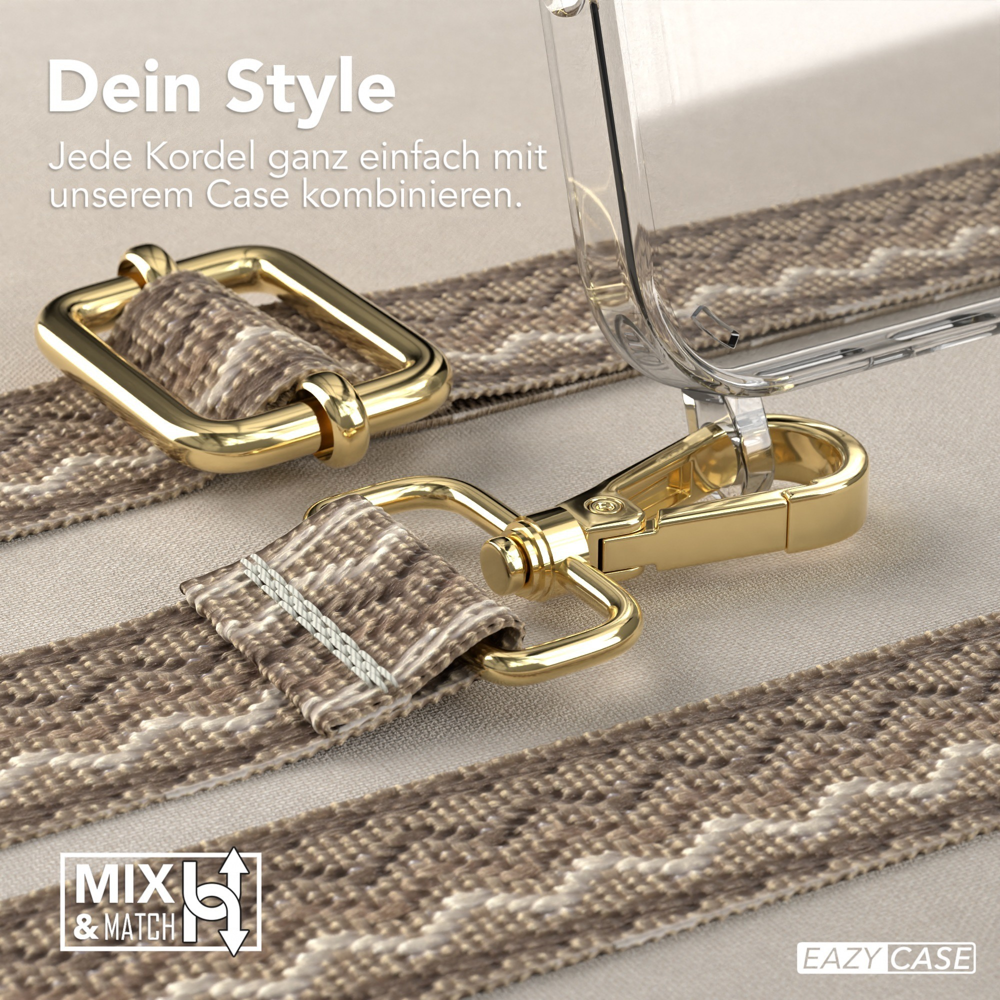Nahaufnahme von goldener Handyhüllen-Hardware und -Trägern. Beige und weiß gemusterte Träger. Mix-and-Match-Design.
