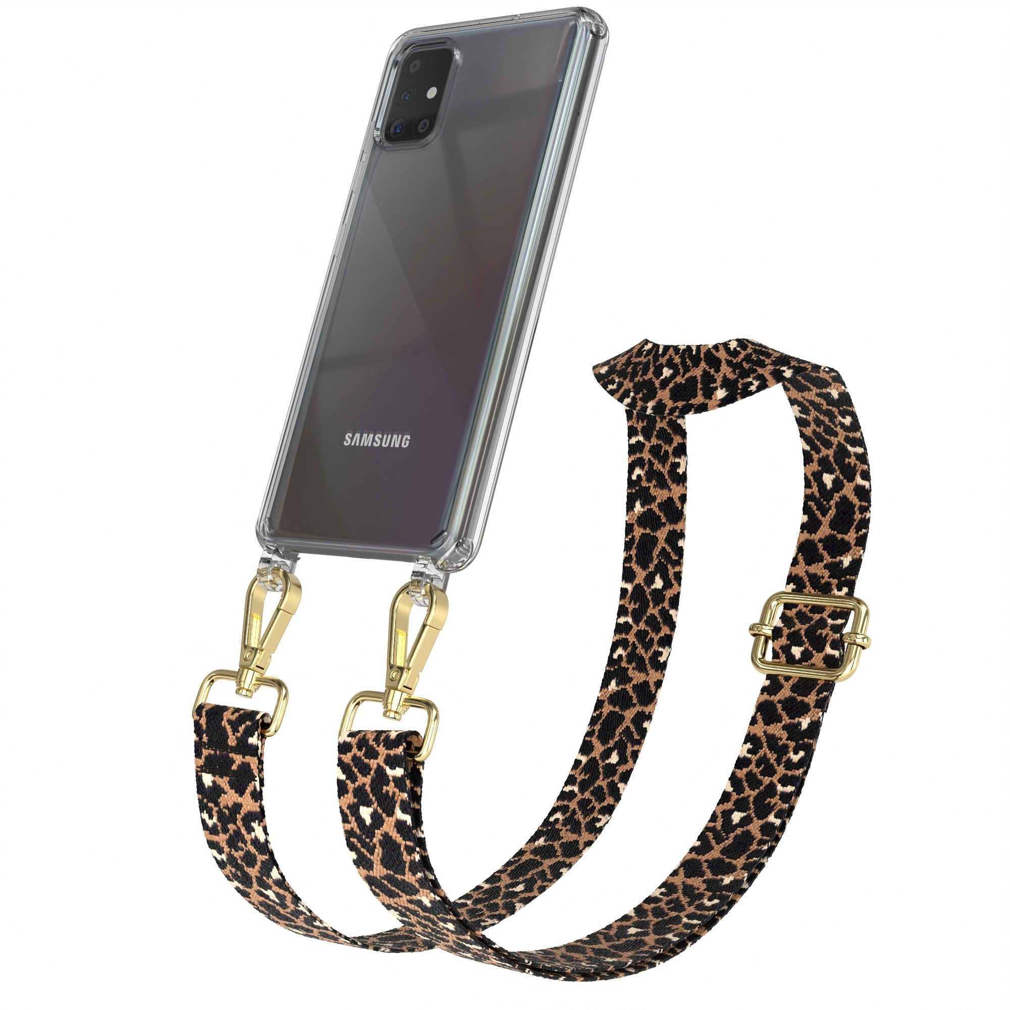 Telefon mit Leopardenmuster-Gurt, goldenen Verschlüssen und klarer Hülle.