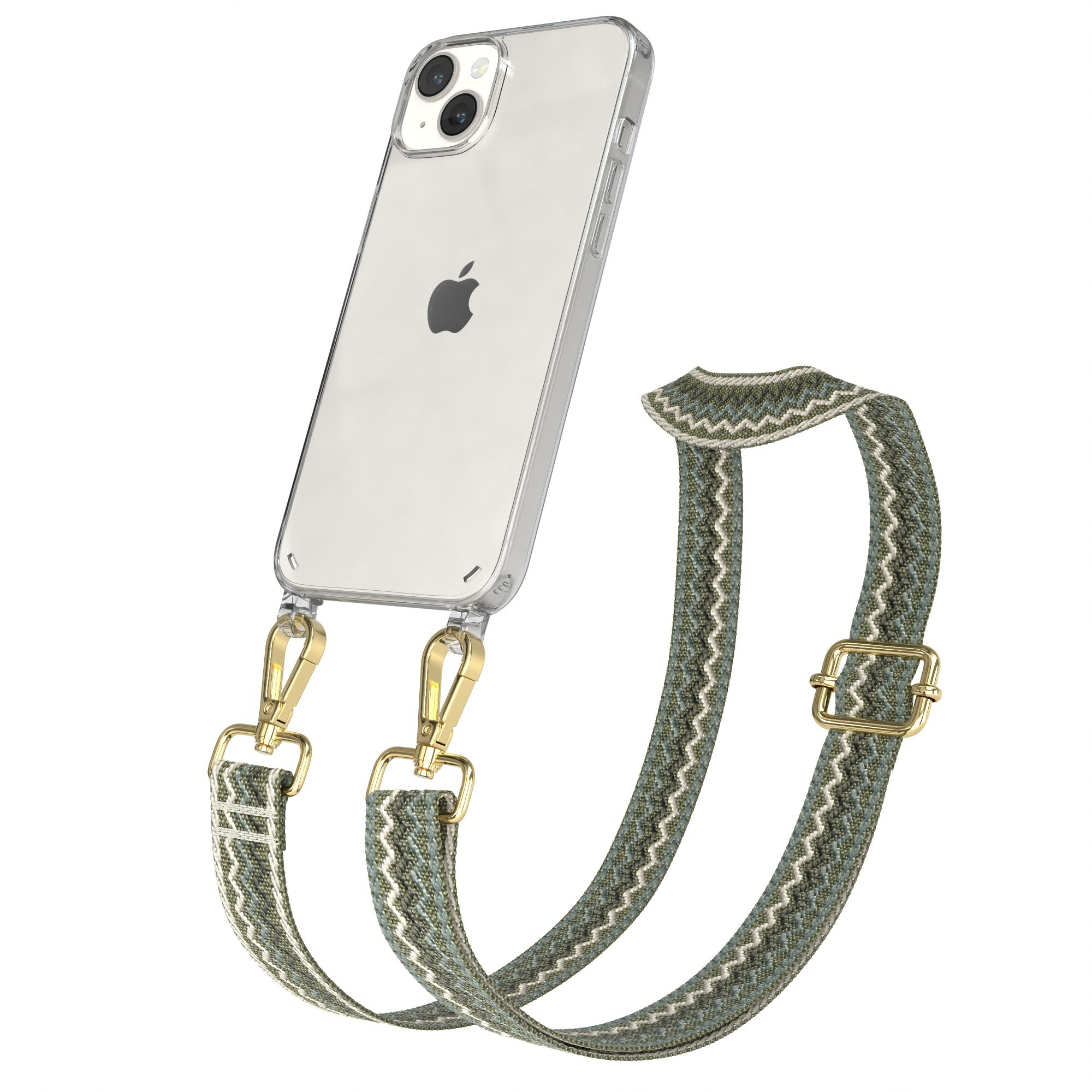Telefon mit klarer Hülle und grünem Riemen, goldenen Clips und Schnalle. Weißer Hintergrund.