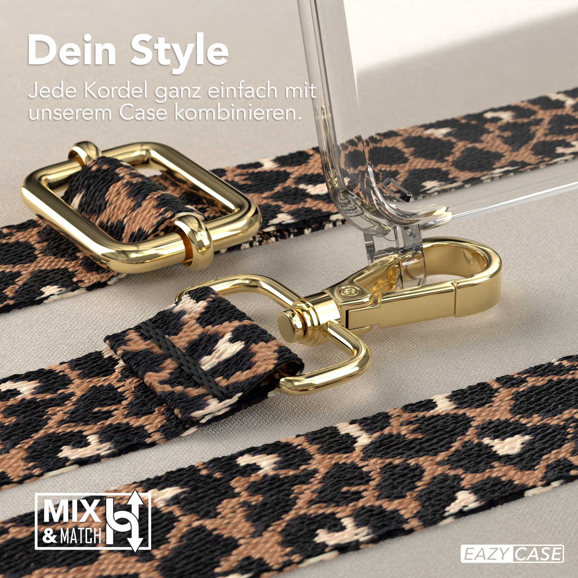 Nahaufnahme eines Handyhüllenriemens mit Leopardenmuster. Text: Mix & Match.