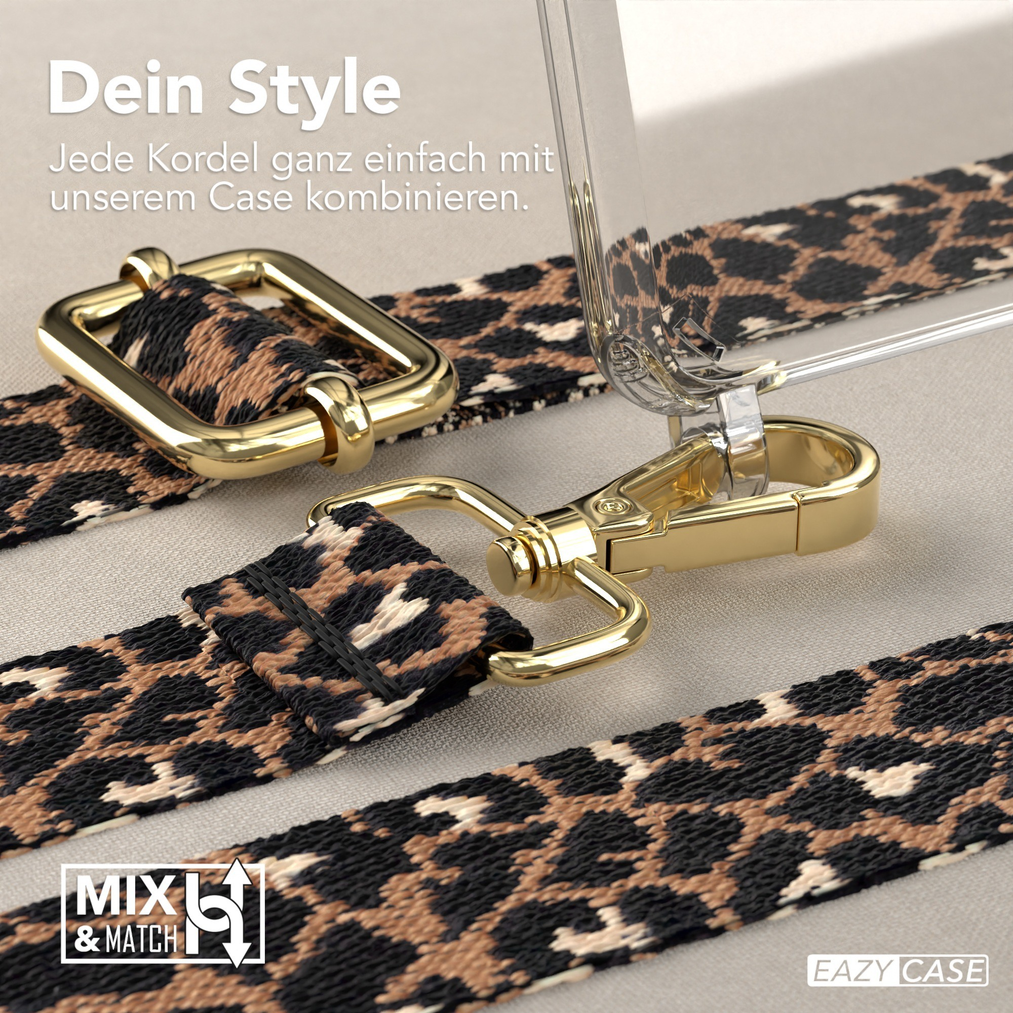 Handyhülle mit Band und goldenem Verschluss. Das Band hat Leopardenmuster. Text: 'MXL & MATCH' und 'EAZY CASE'.