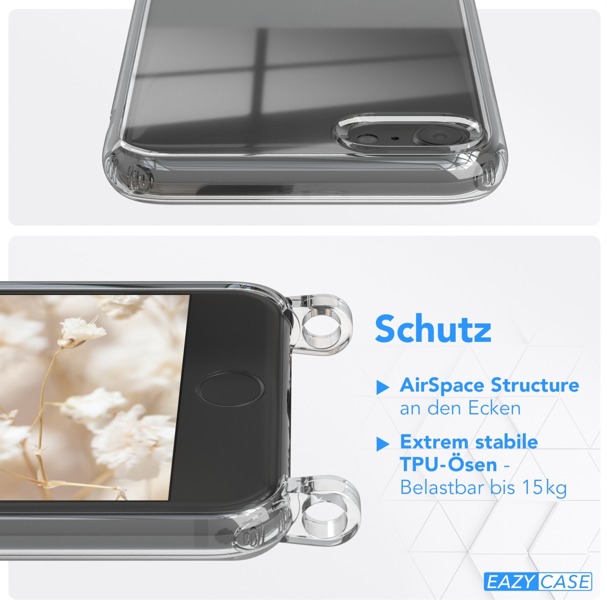 Eine transparente Handyhülle mit einem Telefon darin. Es hat klare Kanten und einen floralen Hintergrund.