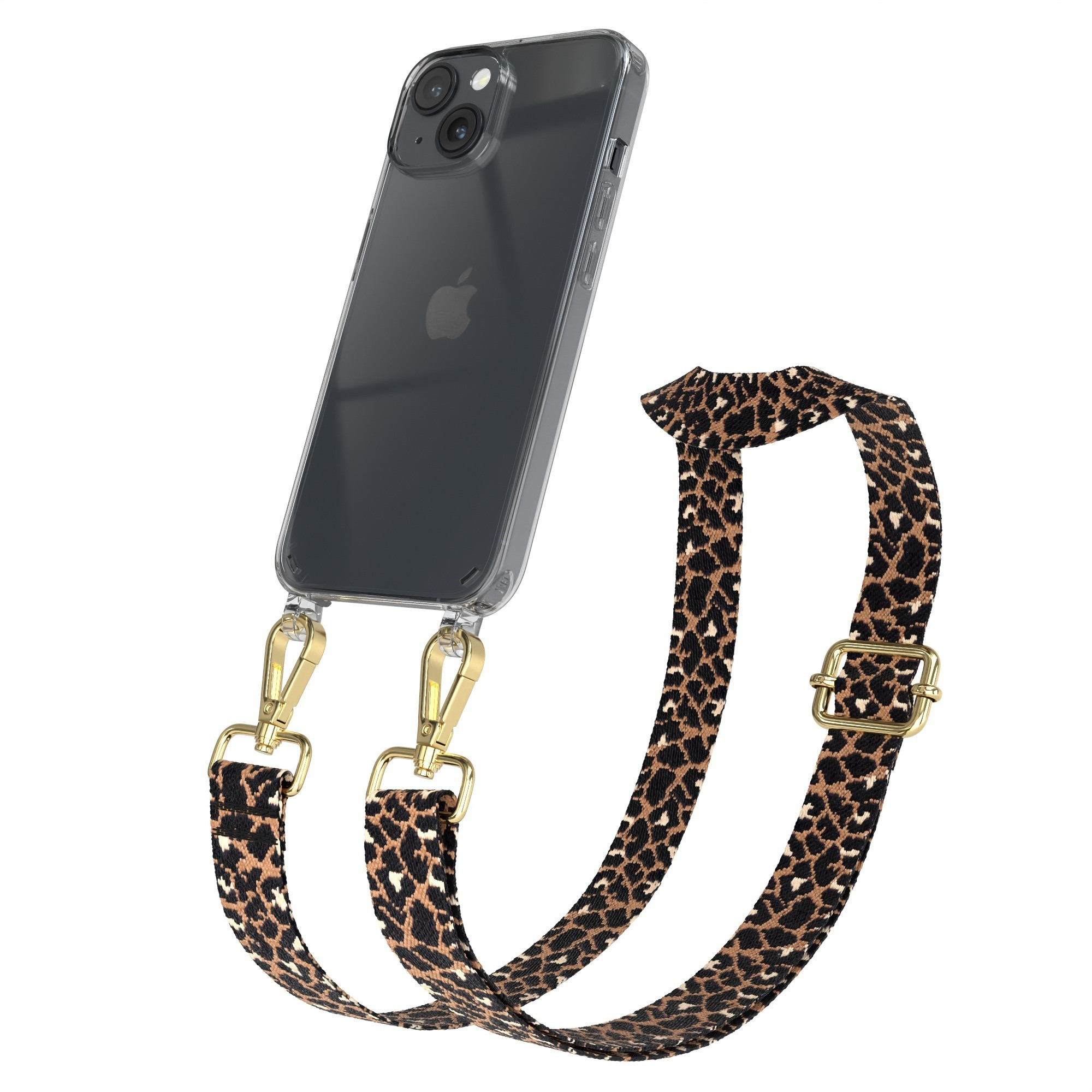Telefon mit durchsichtiger Hülle und Leopardenmuster-Riemen. Riemen hat schwarze und braune Flecken. Goldene Metallverschlüsse und Schnalle.
