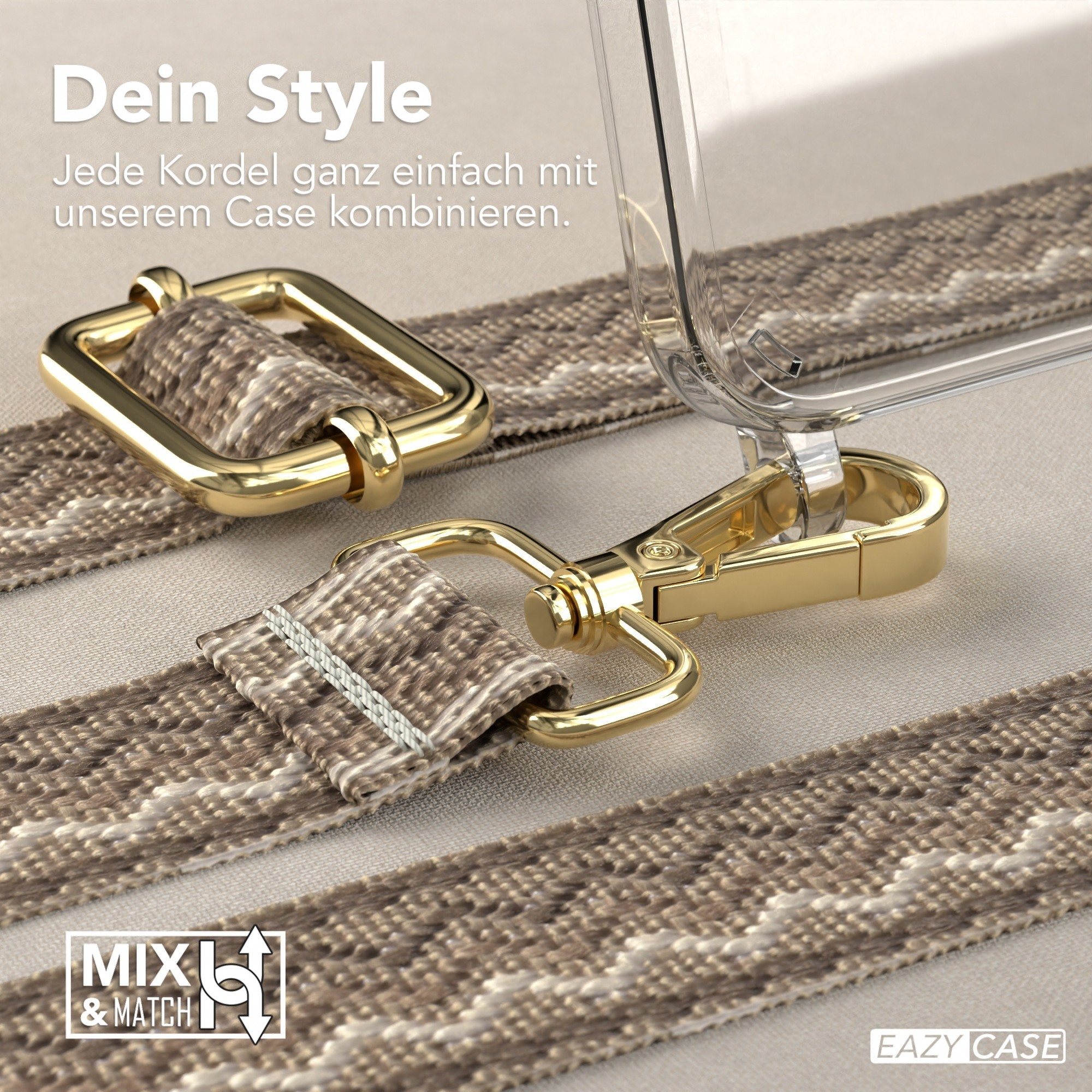 Nahaufnahme von Handyhüllen-Zubehör. Goldener Metallverschluss und Riemendetail. Klare Hülle sichtbar.