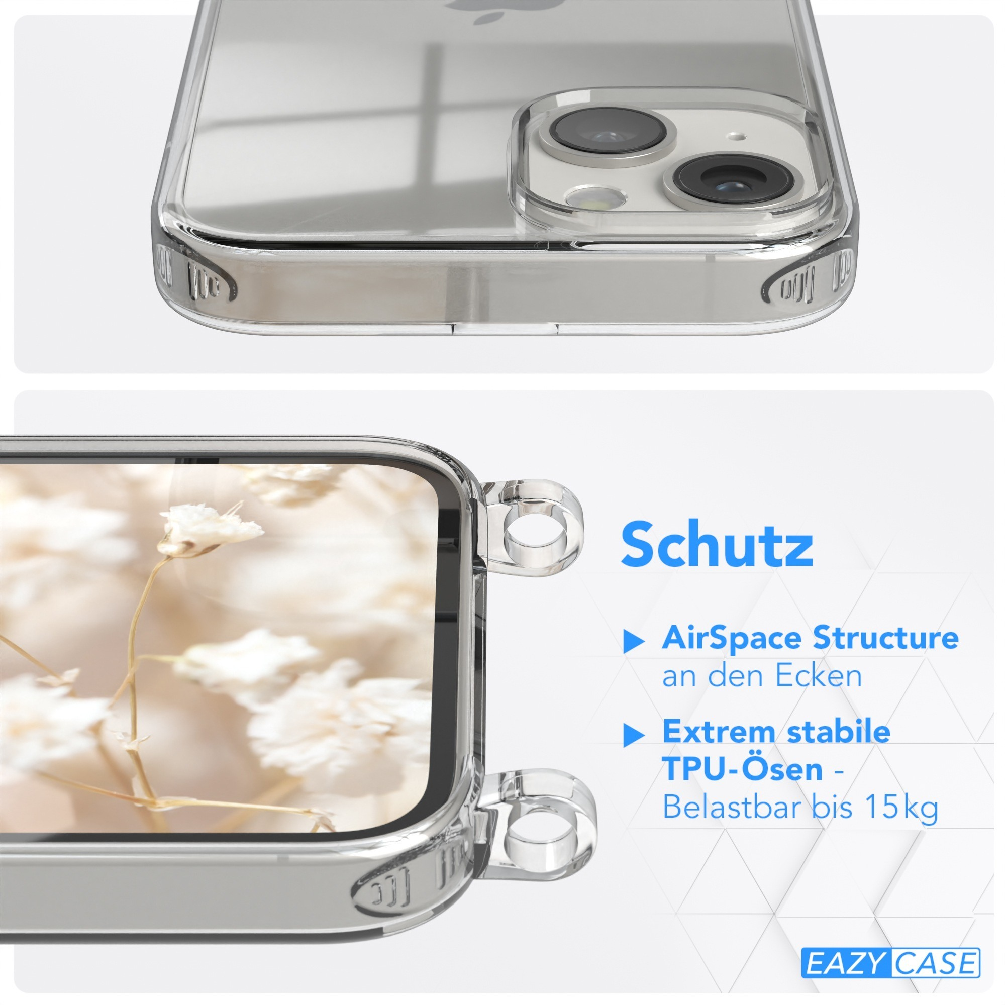 Transparente Handyhülle mit Telefon. Text: "AirSpace Structure" und "TPU-Oesen".