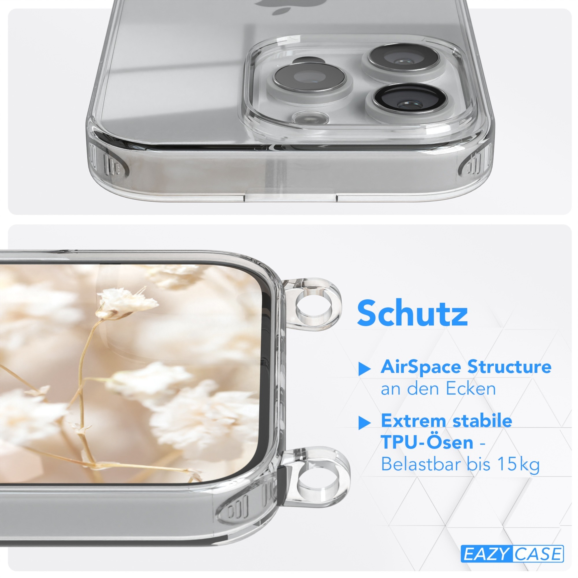 Transparente Handyhülle auf einem Telefon. Details zum Produkt auf Deutsch rechts.