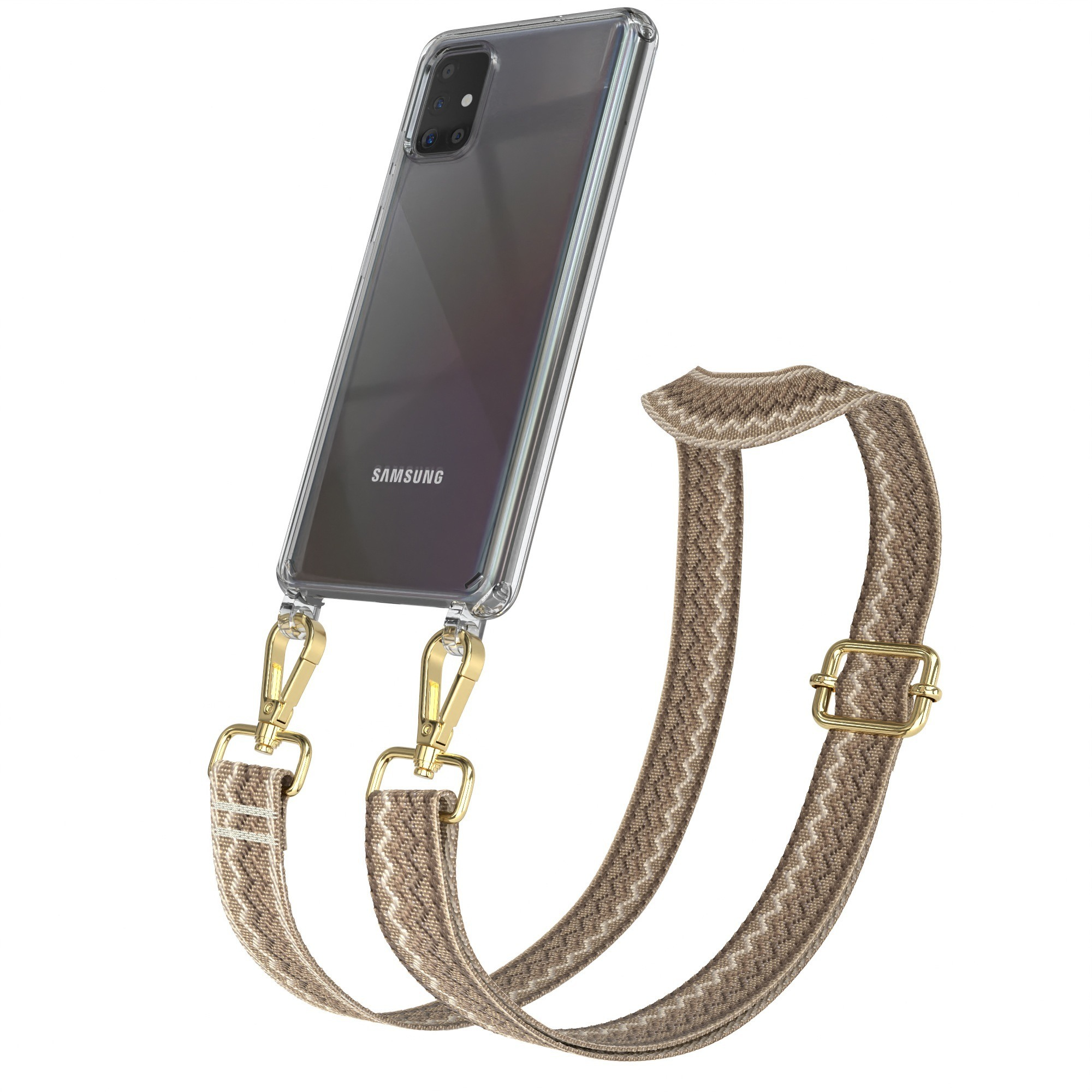 Transparente Handyhülle mit braun gemustertem Gurt, Telefon ist schwarz. Gurt hat goldene Hardware.
