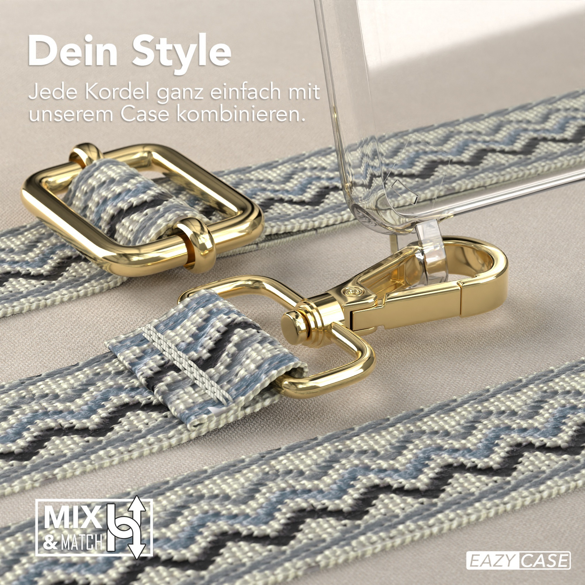 Nahaufnahme eines Handyhüllenriemens mit Goldverschluss und blauem Muster.