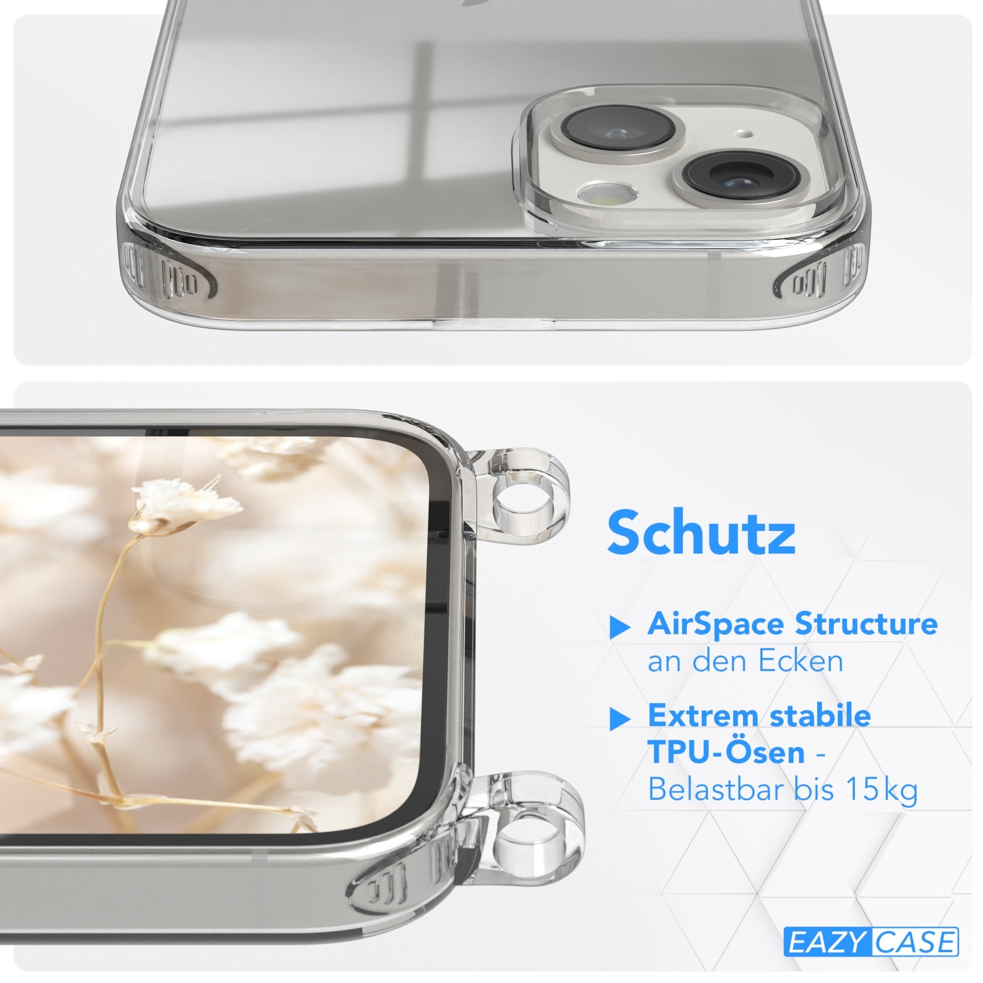 Transparente Handyhülle mit Telefon. Nahaufnahme zeigt Hülle und Telefondetails.