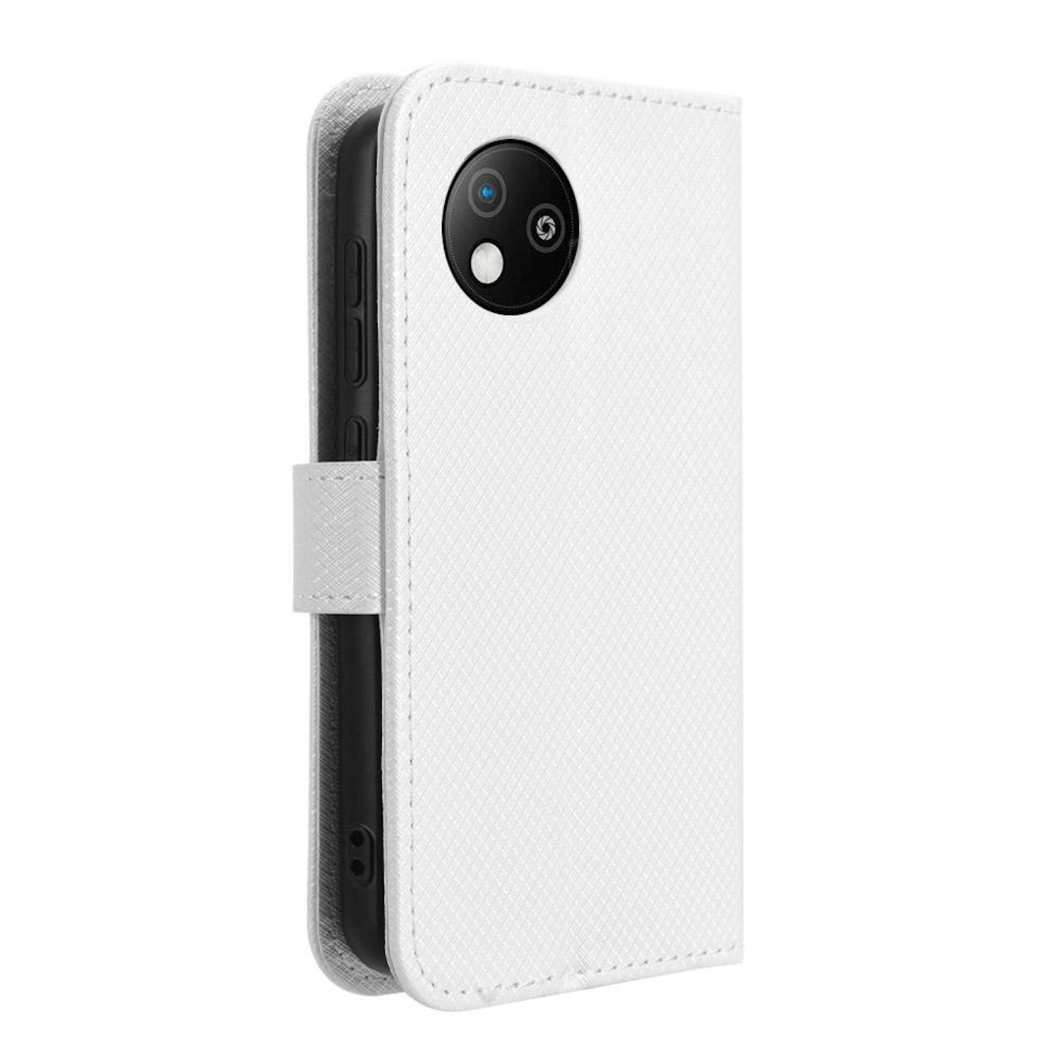 Weißes Handycase mit Abdeckung, zeigt die Kamera und eine Klappe.