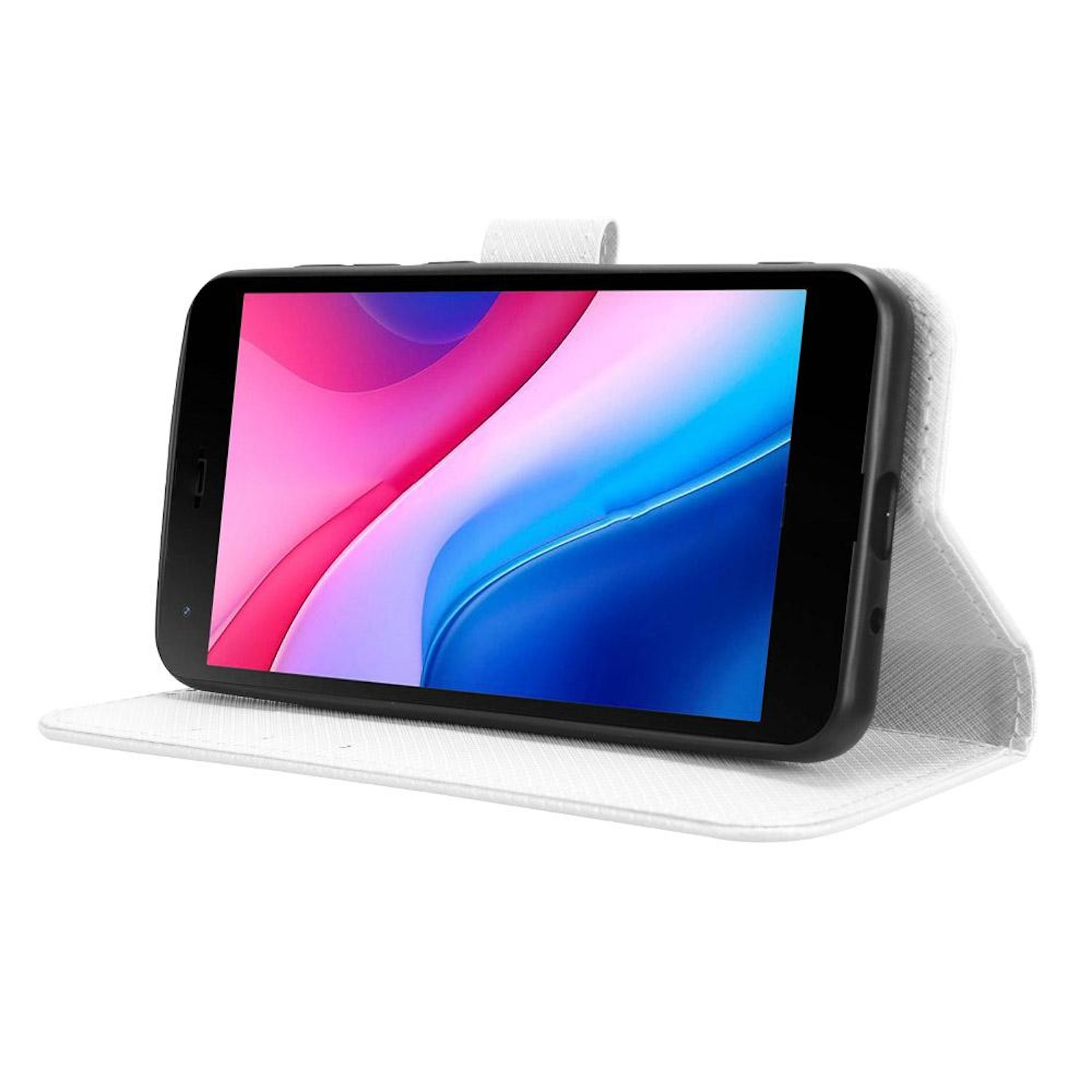 Ein schwarzes Smartphone in einer weißen Handyhülle, stehend.