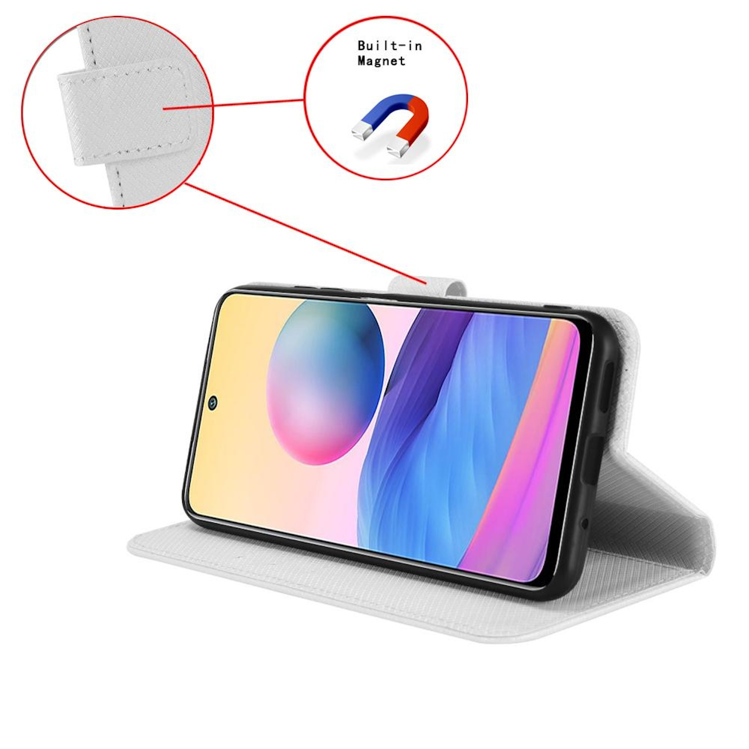 Telefonhülle mit eingebautem Magneten, geöffnet dargestellt. Der Bildschirm zeigt ein farbenfrohes Bild.
