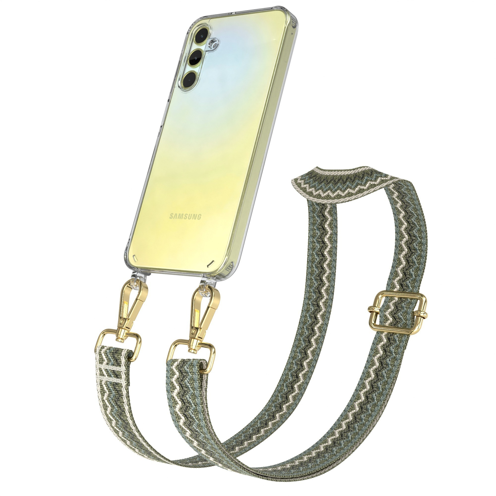 Telefon mit klarer Hülle und grünem Riemen, goldenen Clips und Schnalle. Weißer Hintergrund.