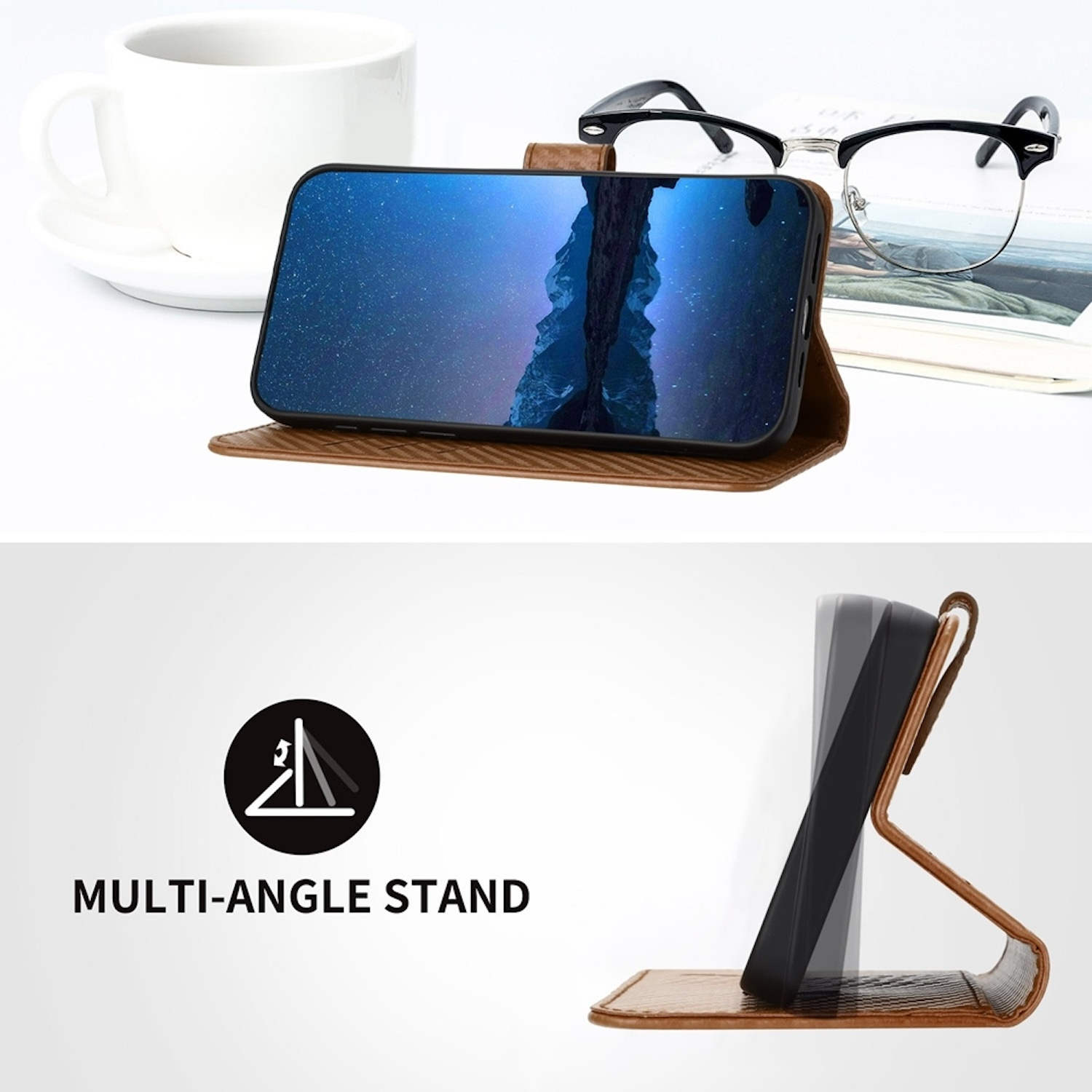 Telefon in brauner Hülle, als Ständer aufrecht. Schwarze Brille und ein Buch vorhanden.
