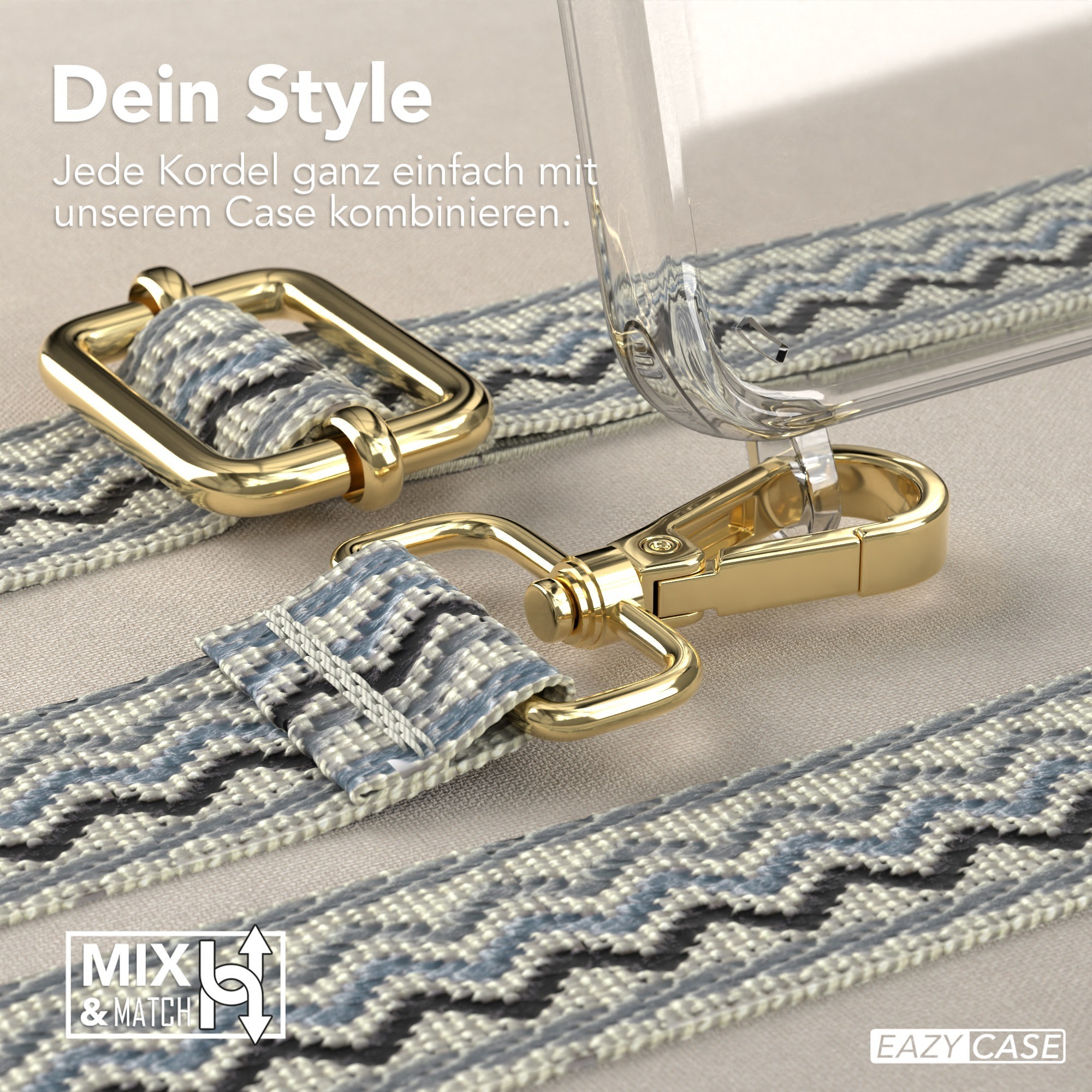 Nahaufnahme einer Handyhülle mit gemustertem Riemen und goldenem Verschluss.