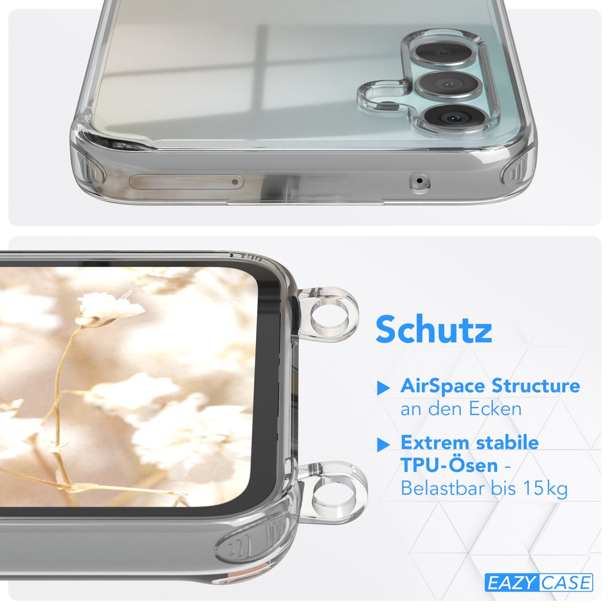Nahaufnahme einer Handyhülle. Die Hülle ist transparent mit weißem Hintergrund. Das Telefon hat eine Blume.