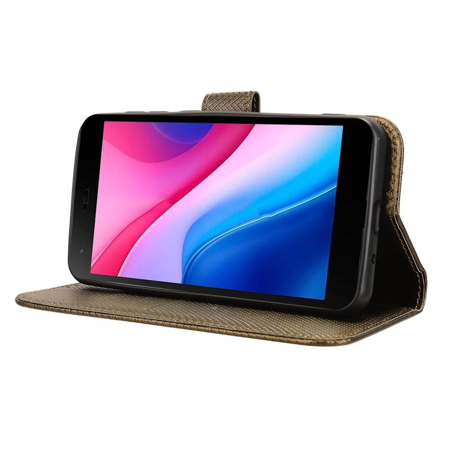 Telefon in brauner Brieftaschenhülle, geöffnet. Display zeigt farbige Grafik.