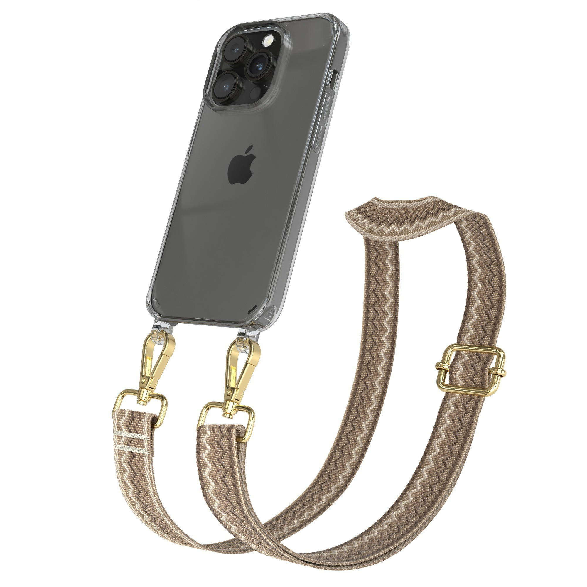 Transparente Handyhülle mit braunem Riemen und goldfarbener Hardware. Telefon ist sichtbar. Weißer Hintergrund.
