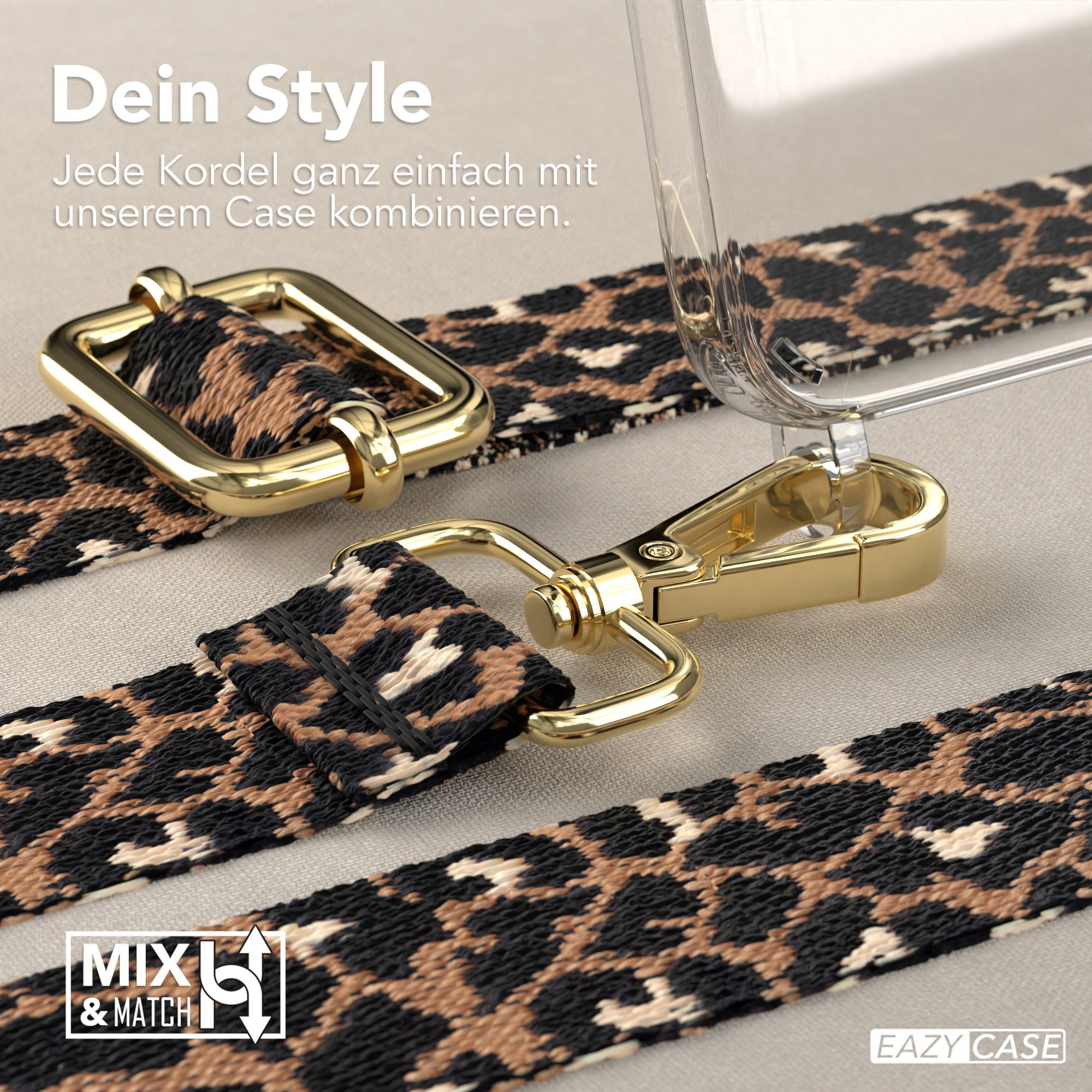 Nahaufnahme von goldener Handyhüllen-Hardware und -Trägern. Leopardenmuster-Träger. Mix-and-Match-Design.