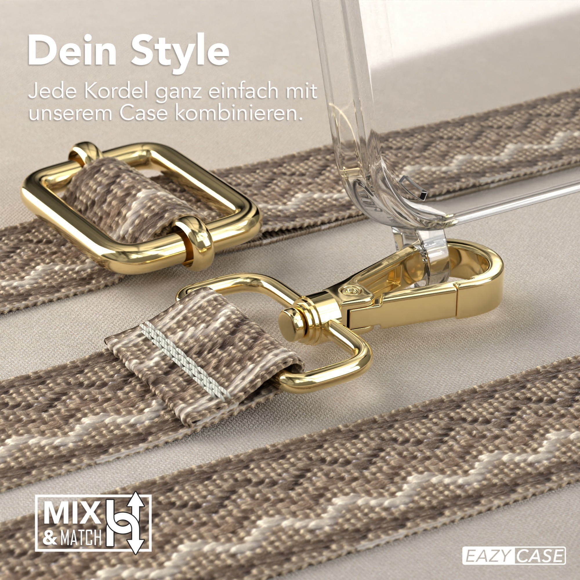 Nahaufnahme der Handyhülle, goldene und braune Träger, und ein Metallverschluss.