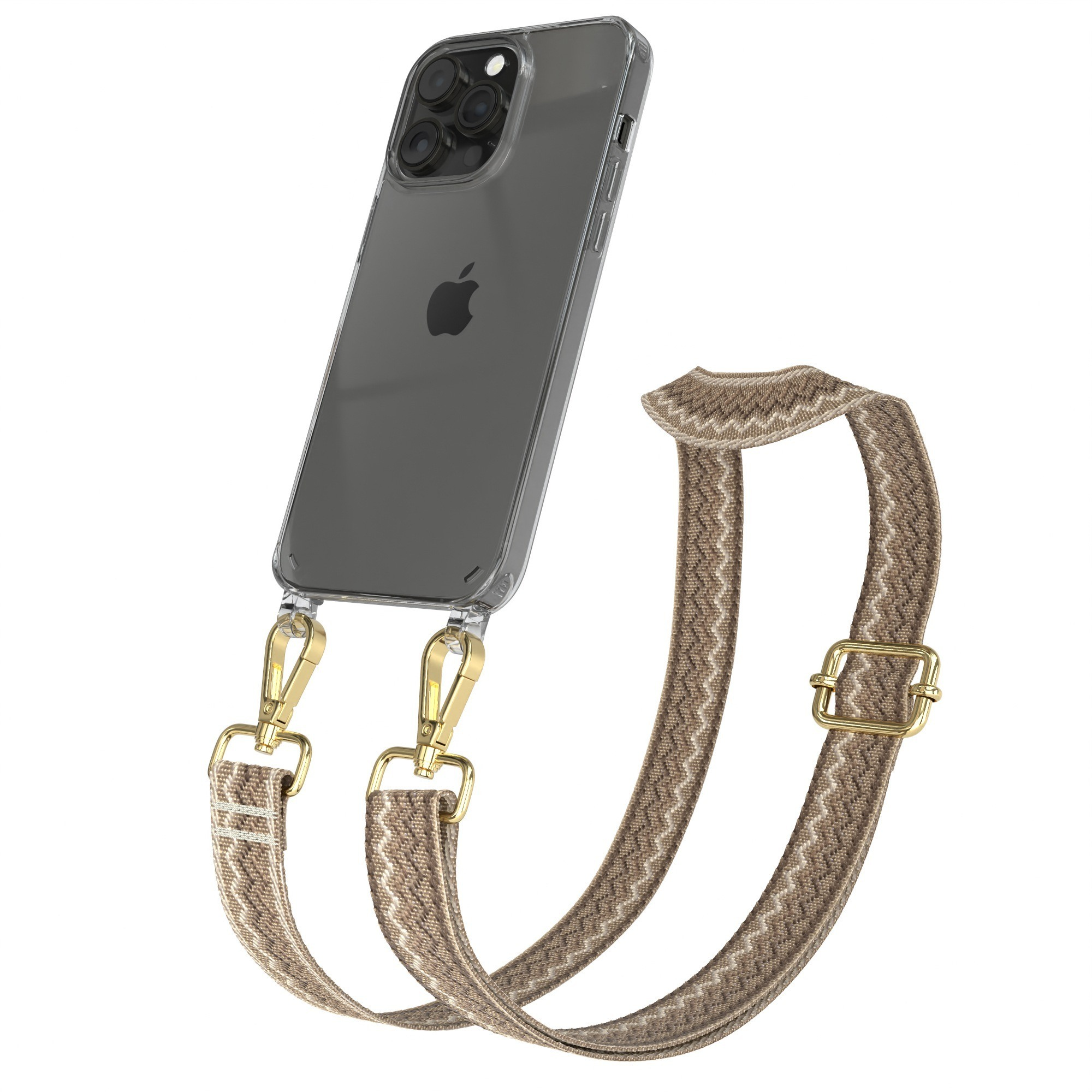 Transparente Handyhülle mit Telefon und braun-beigem Zickzack-Gurt mit silbernen Verschlüssen.