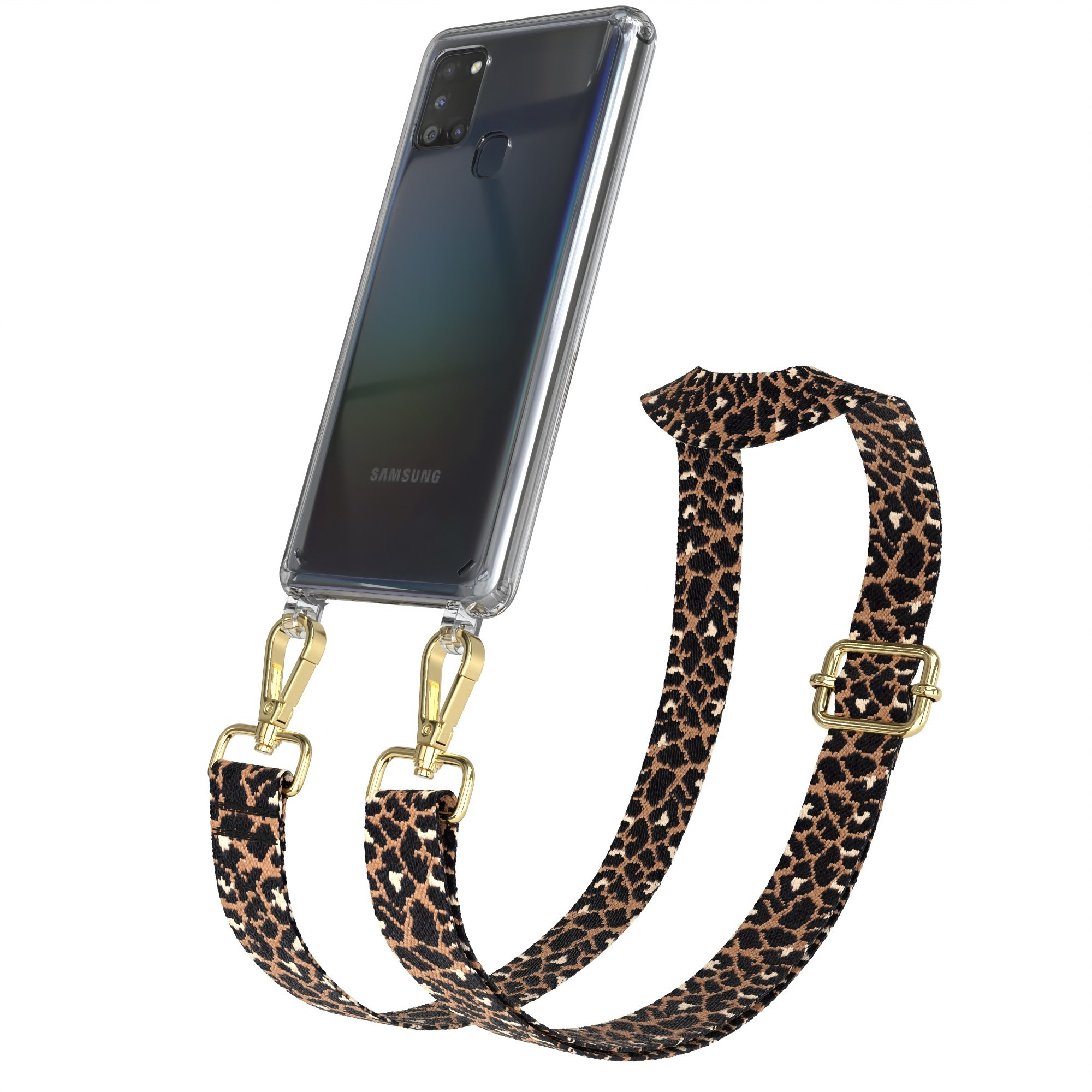 Eine transparente Handyhülle mit Telefon und einem gemusterten Riemen. Der Riemen hat braune und schwarze Leopardenflecken.