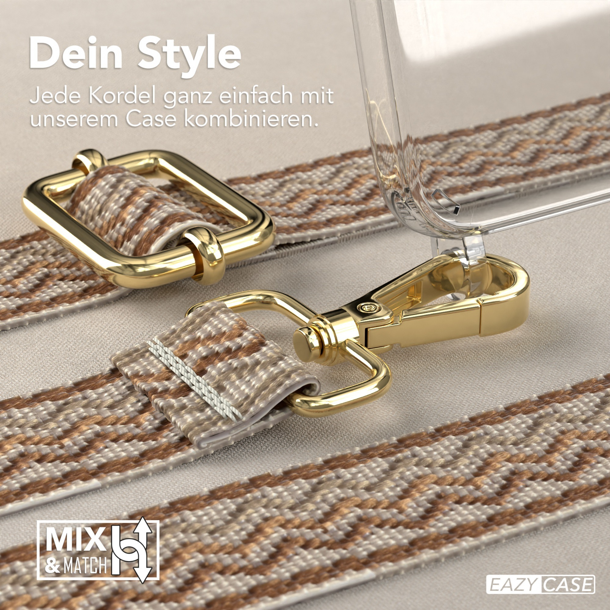 Handy-Trageschlaufe mit goldenem Verschluss und Leopardenmuster. Vor beigem Hintergrund.