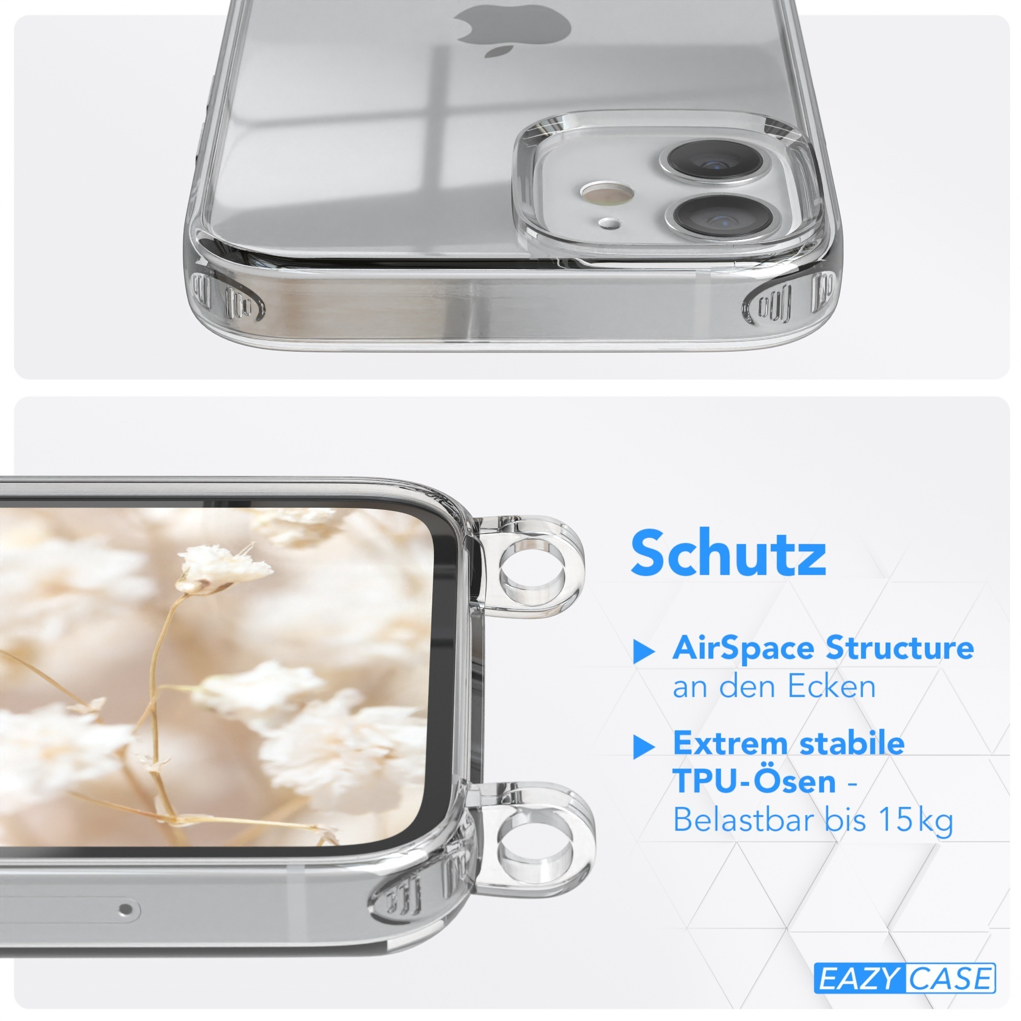 Transparente Handyhülle mit Telefon. Zeigt Eckenschutz und Grafik mit weißen Blumen im Hintergrund.