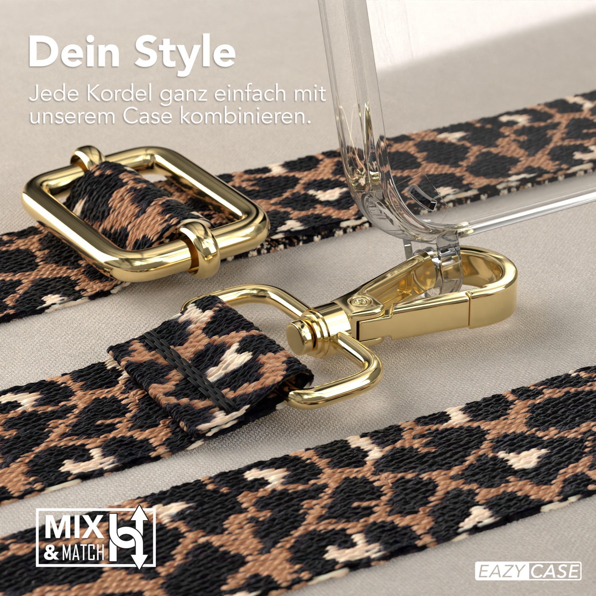 Nahaufnahme von Handyhüllenriemen, Metallverschlüssen und Leopardmusterriemen.