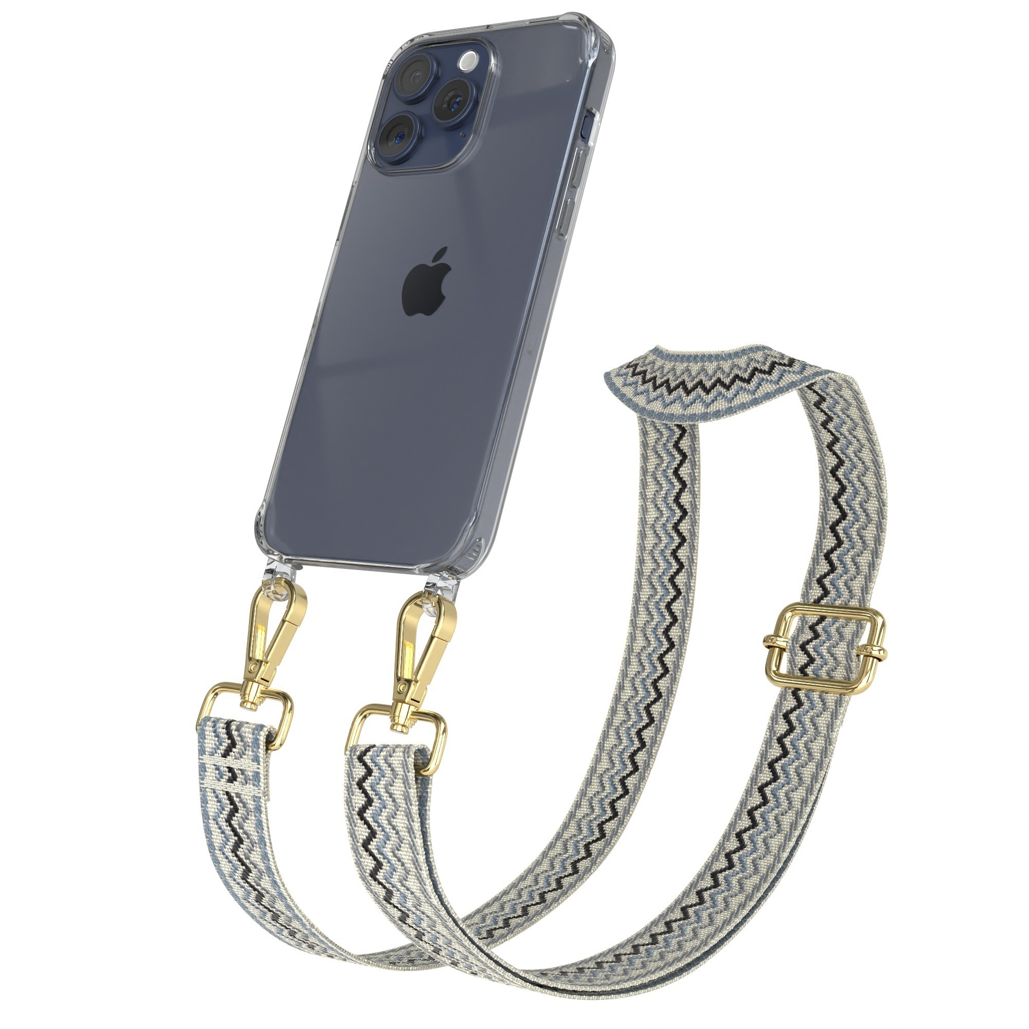 Ein Telefon in einer transparenten Hülle mit einem blauen Riemen. Der Riemen hat eine Metallschnalle und Clips.