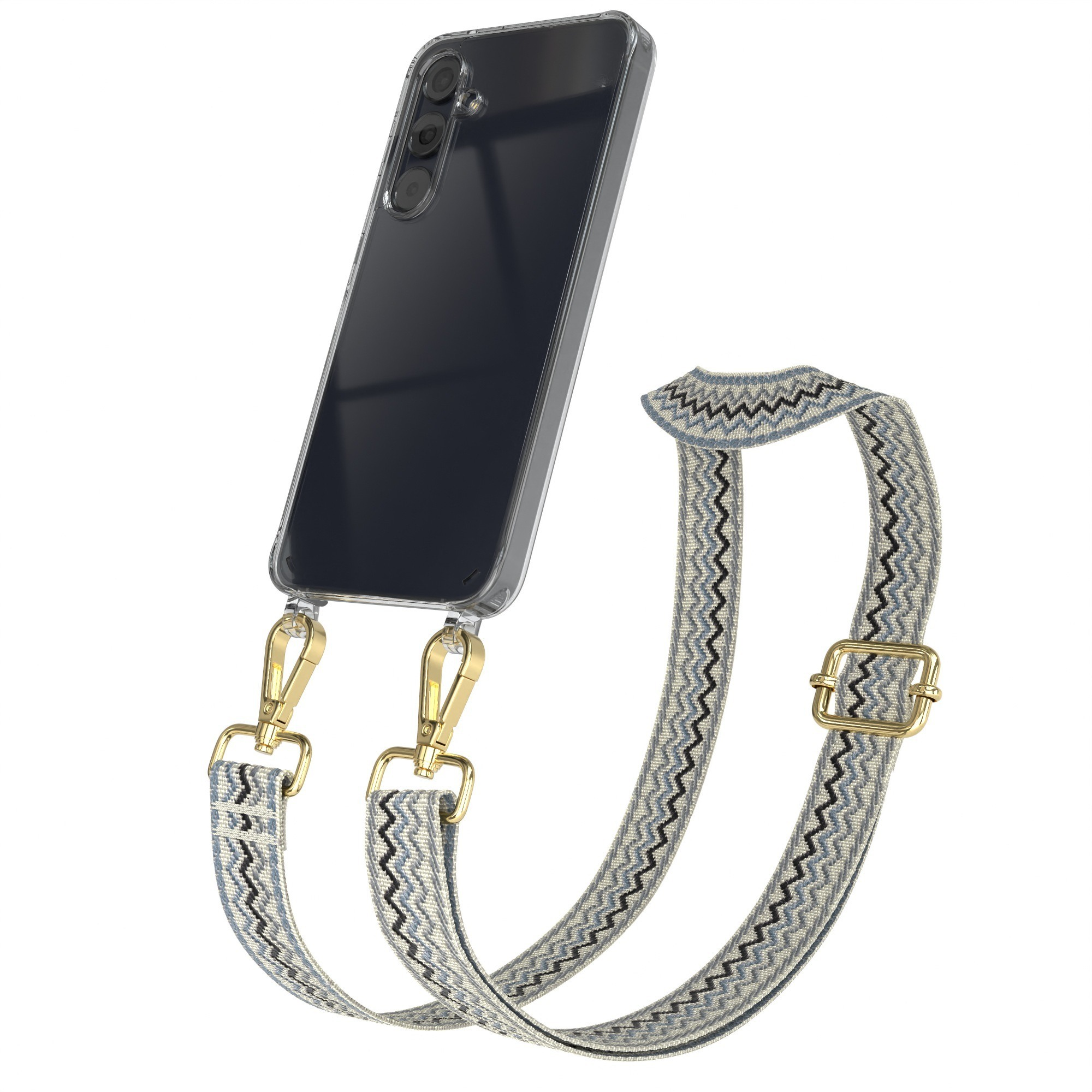 Klares Telefon mit Band. Band ist blau und weiß. Goldene Clips und Schnalle.