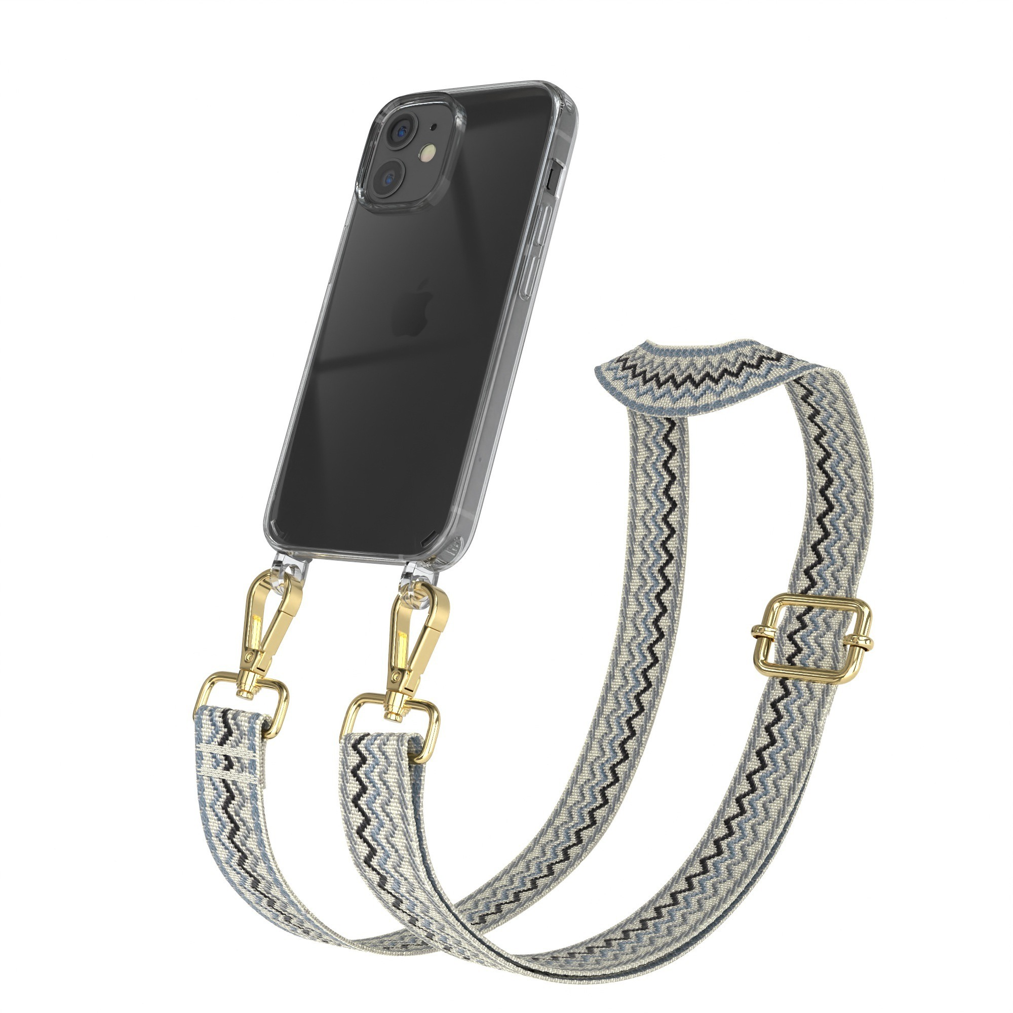 Telefon mit einem schwarz, weiß und blauen Band, klarer Hülle, goldenen Verschlüssen.