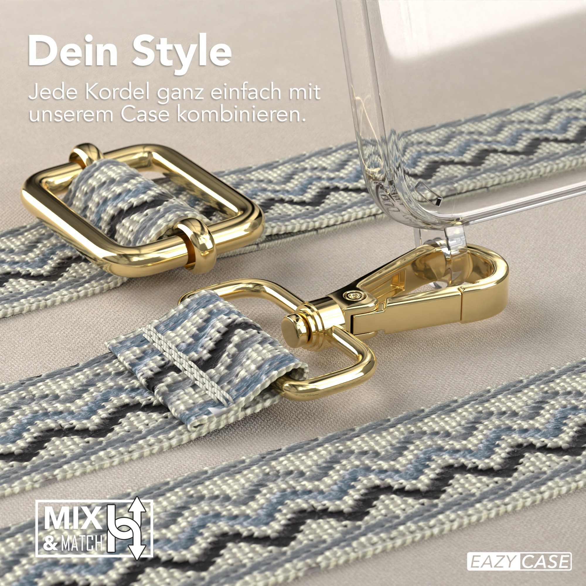 Nahaufnahme von Telefonhüllenriemen und Haken. Blaues, graues und schwarzes Muster. Goldhaken.