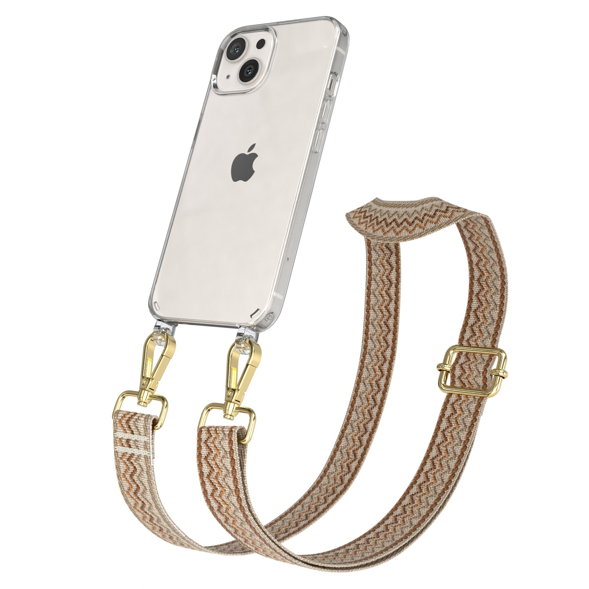 Transparente Handyhülle mit braun-weiß gemustertem Gurt. Das Telefon hat ein weißes Apple-Logo.