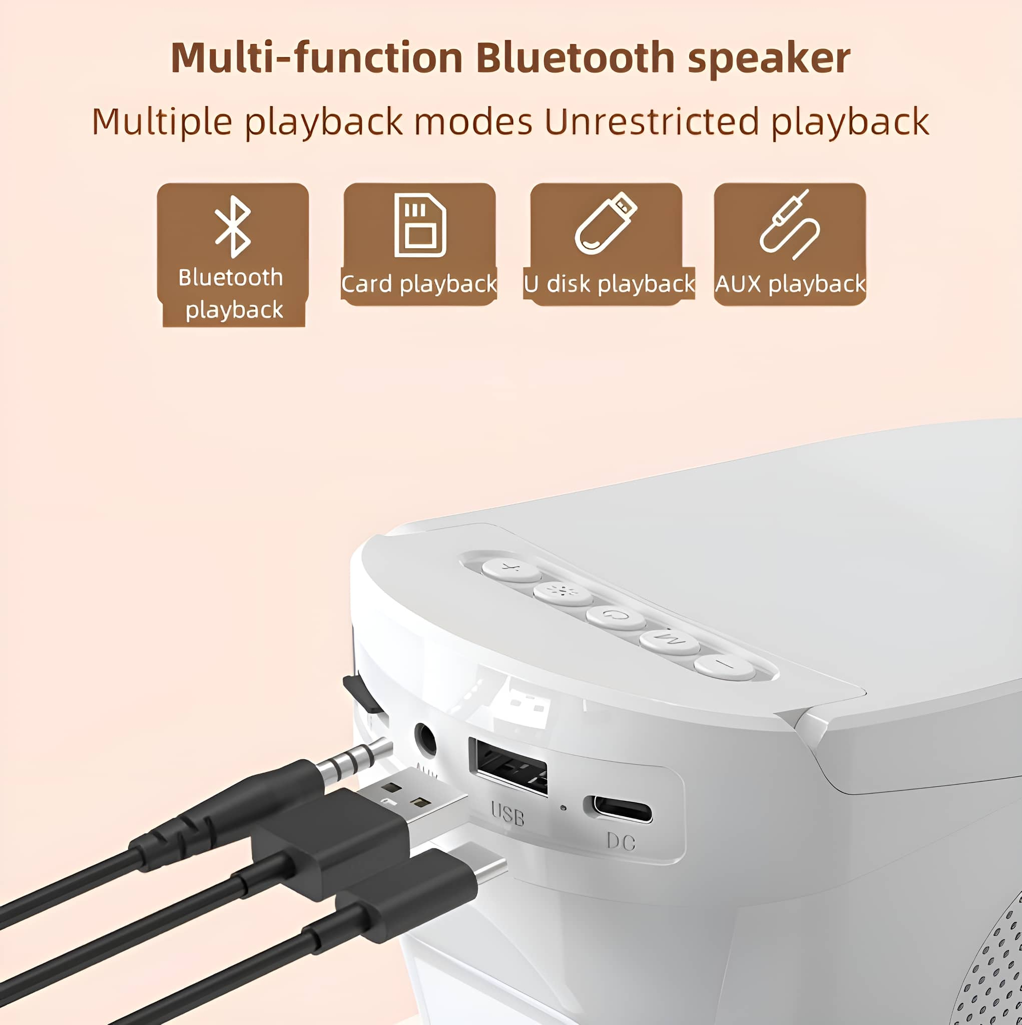 Bluetooth-Lautsprecher mit mehreren Anschlussmöglichkeiten. USB, AUX, Karte und Bluetooth-Wiedergabe.