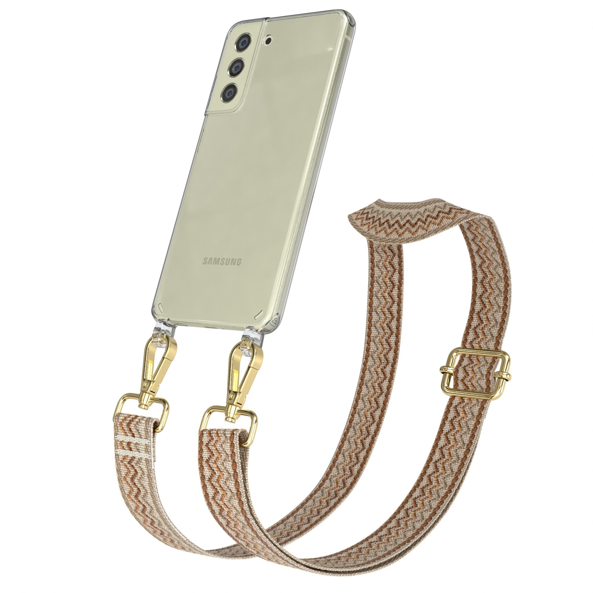 Telefon mit Riemen. Der Riemen ist braun und hellbraun mit goldenen Verschlüssen.