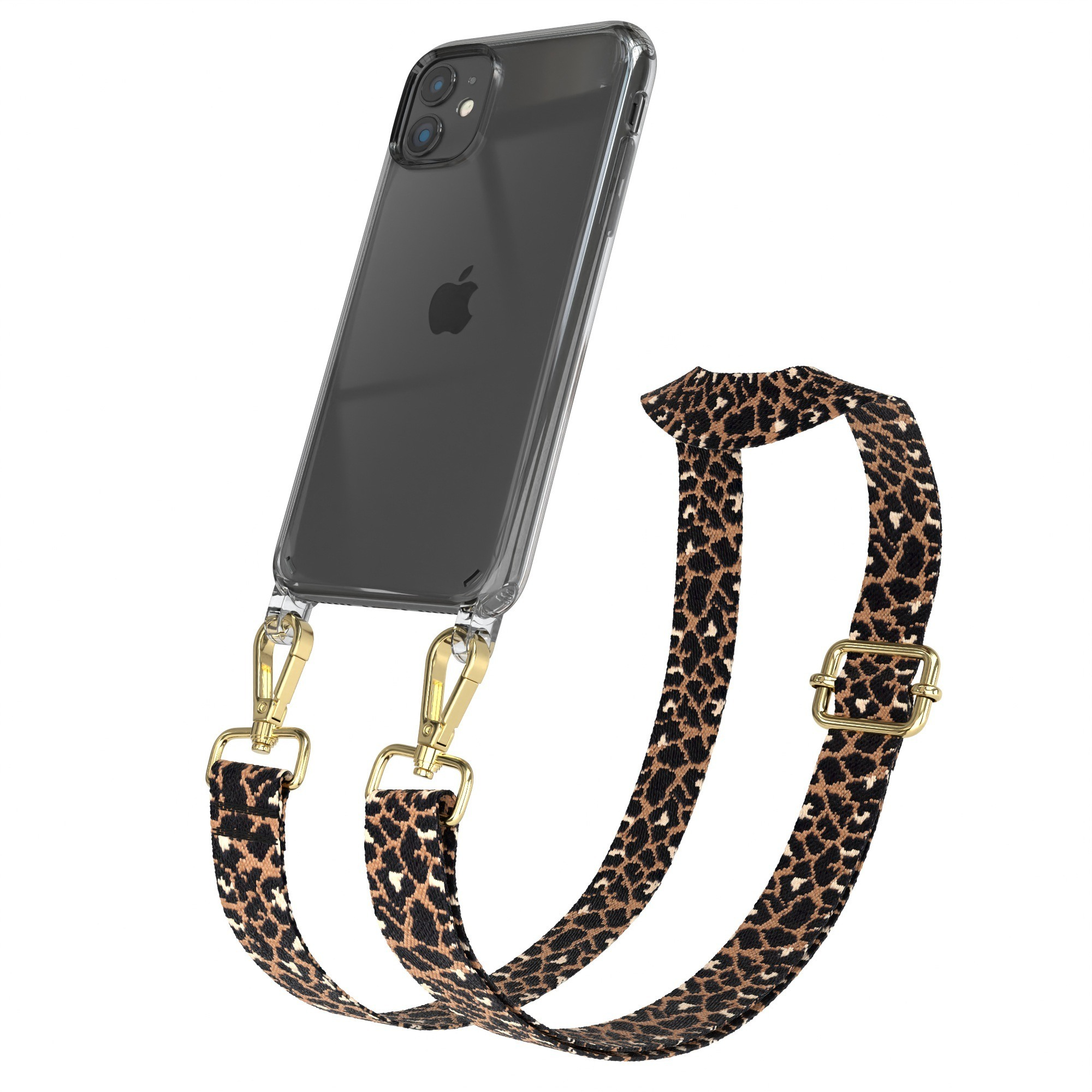 Telefon in transparenter Hülle mit Leopardenmuster. Goldene Clips und Schnalle. Gemusterter Gurt.
