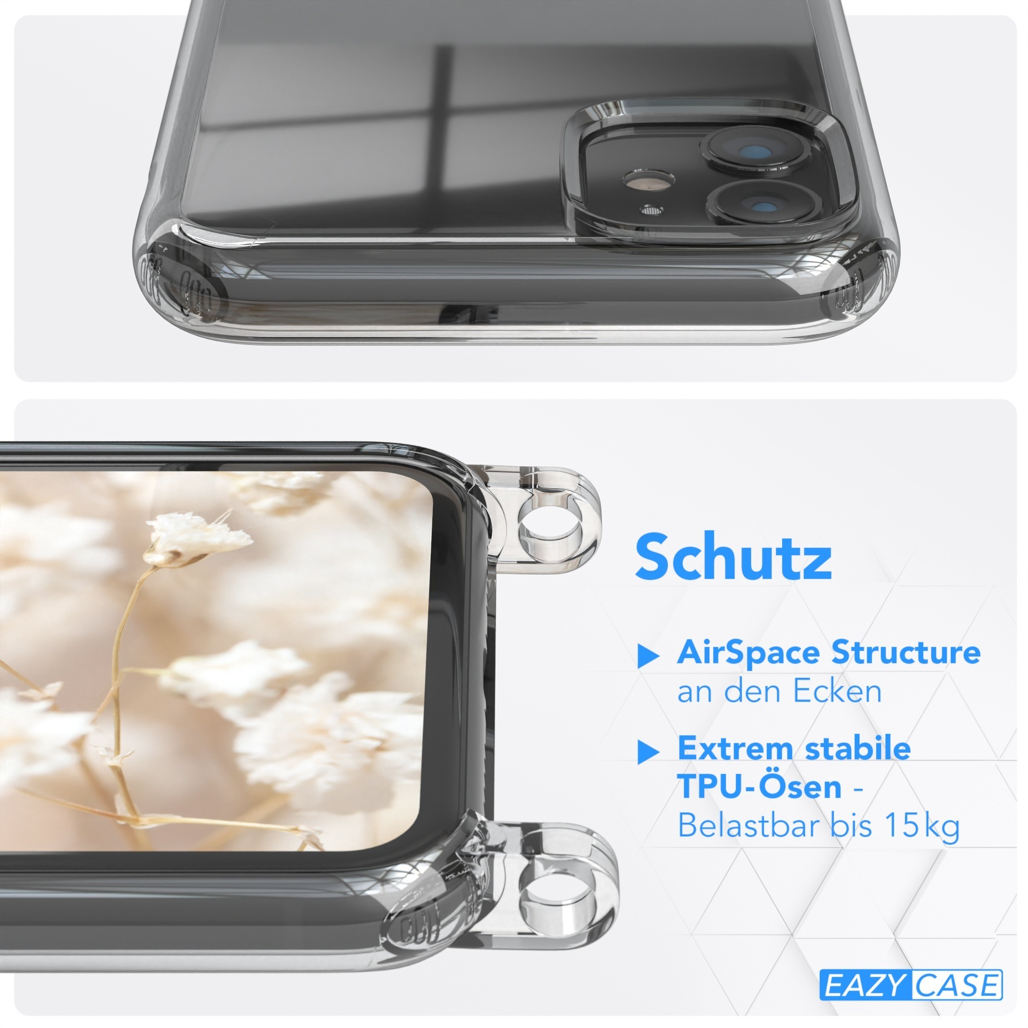 Transparente Handyhülle mit Telefon im Inneren. Text: Schutz, AirSpace Structure, und Extrem stabile TPU-Ösen.