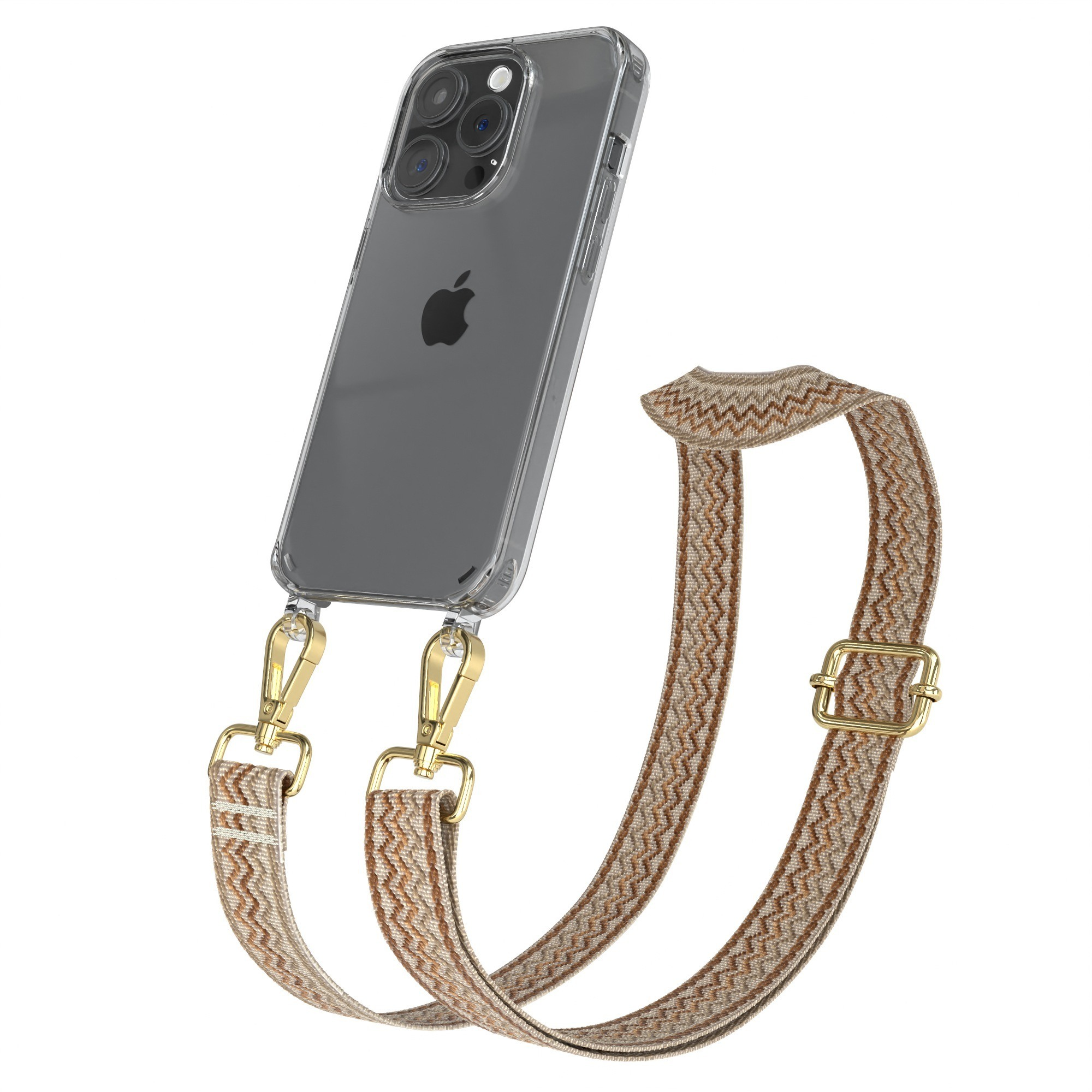Transparente Handyhülle mit Riemen. Braun gemusterter Riemen mit goldenen Verschlüssen. Weißer Hintergrund.