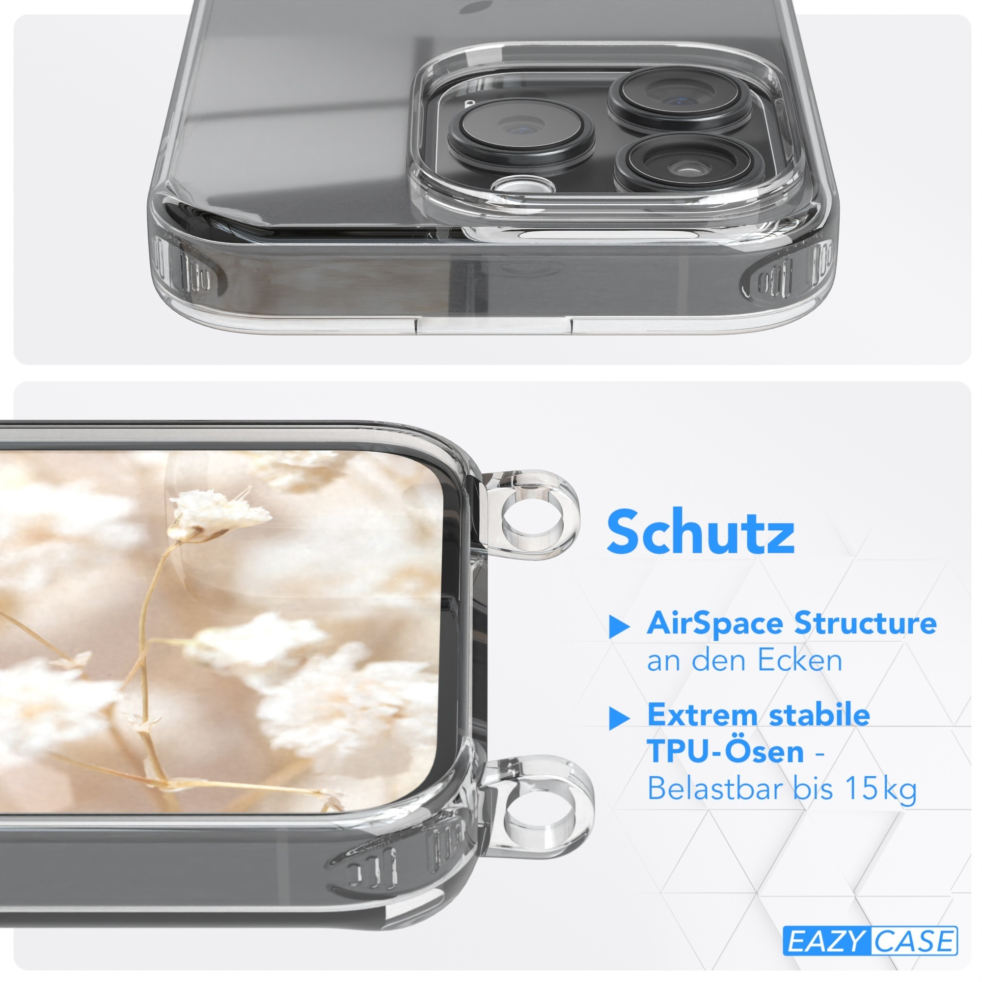Nahaufnahme einer transparenten Handyhülle mit Telefon. Die Hülle hat ein Schutzdesign.